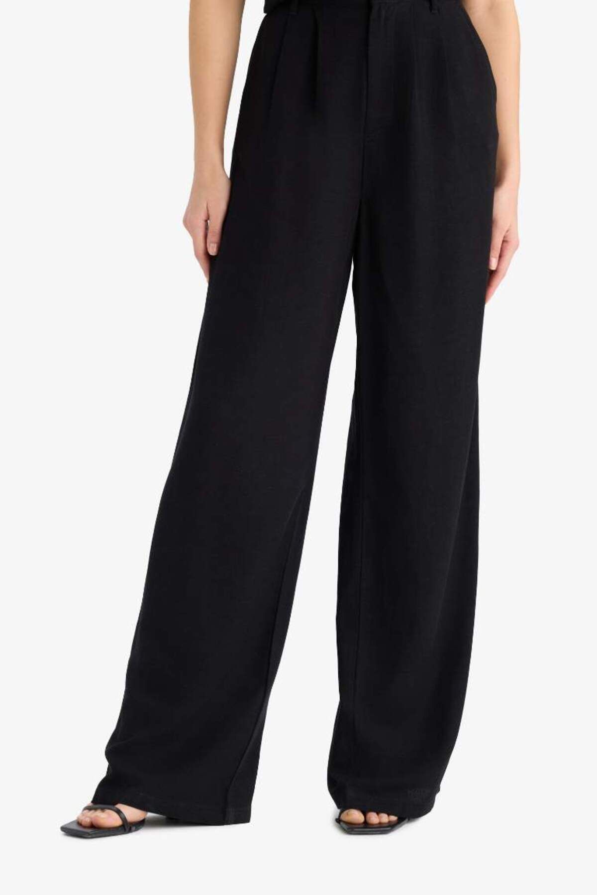 DeFacto Yeni Sezon Wide Leg Fermuarlı Normal Bel Standart Boy Geniş Paça Keten Karışımlı
