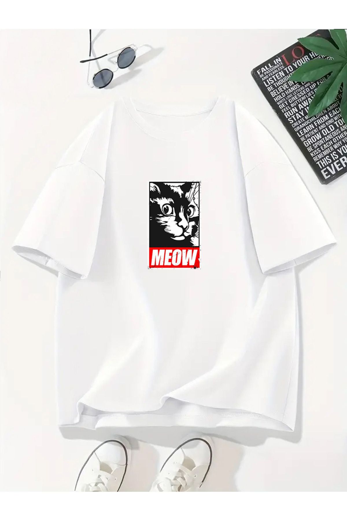 MODA Unisex Oversize Kalıp Meow Baskılı T-Shirt