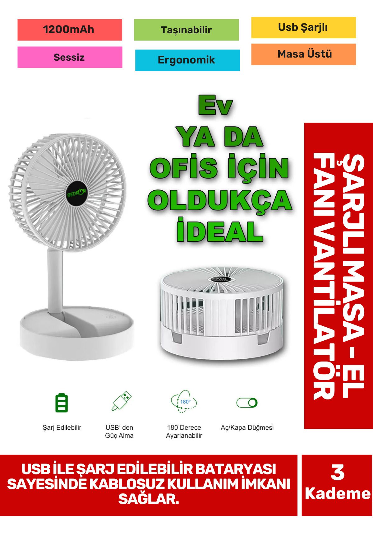 Fantazer Ultra Sessiz 3 Kademeli Hafif Kablosuz 1200mAh Pervane Taşınabilir Usb Şarjlı Masa El Fan Vantilatör
