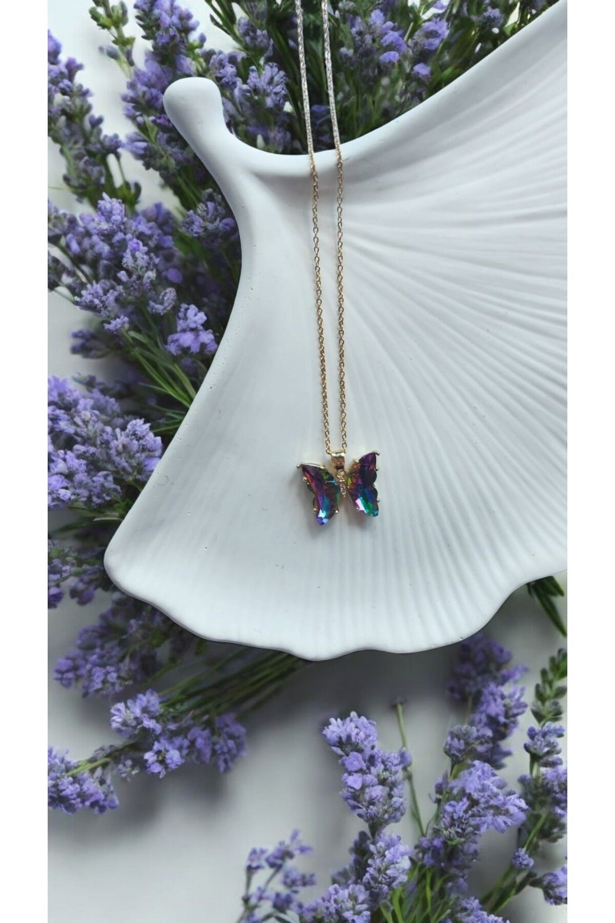 NOVA JEWELLERY Renkli Kelebek Modelli Zirkon Taşlı Paslanmaz Çelik Kolye |STEEL NECKLACE