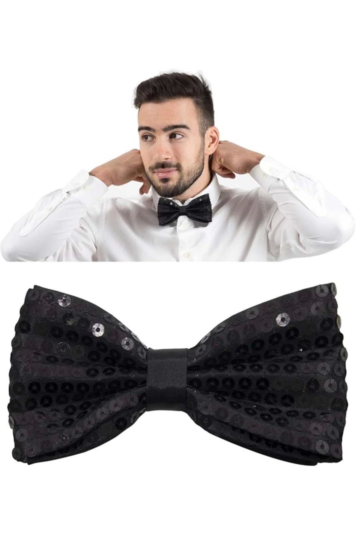 OurStyles Gece Işıltısı Siyah Payetli Pullu Papyon 7x2 cm - zarif tasarım