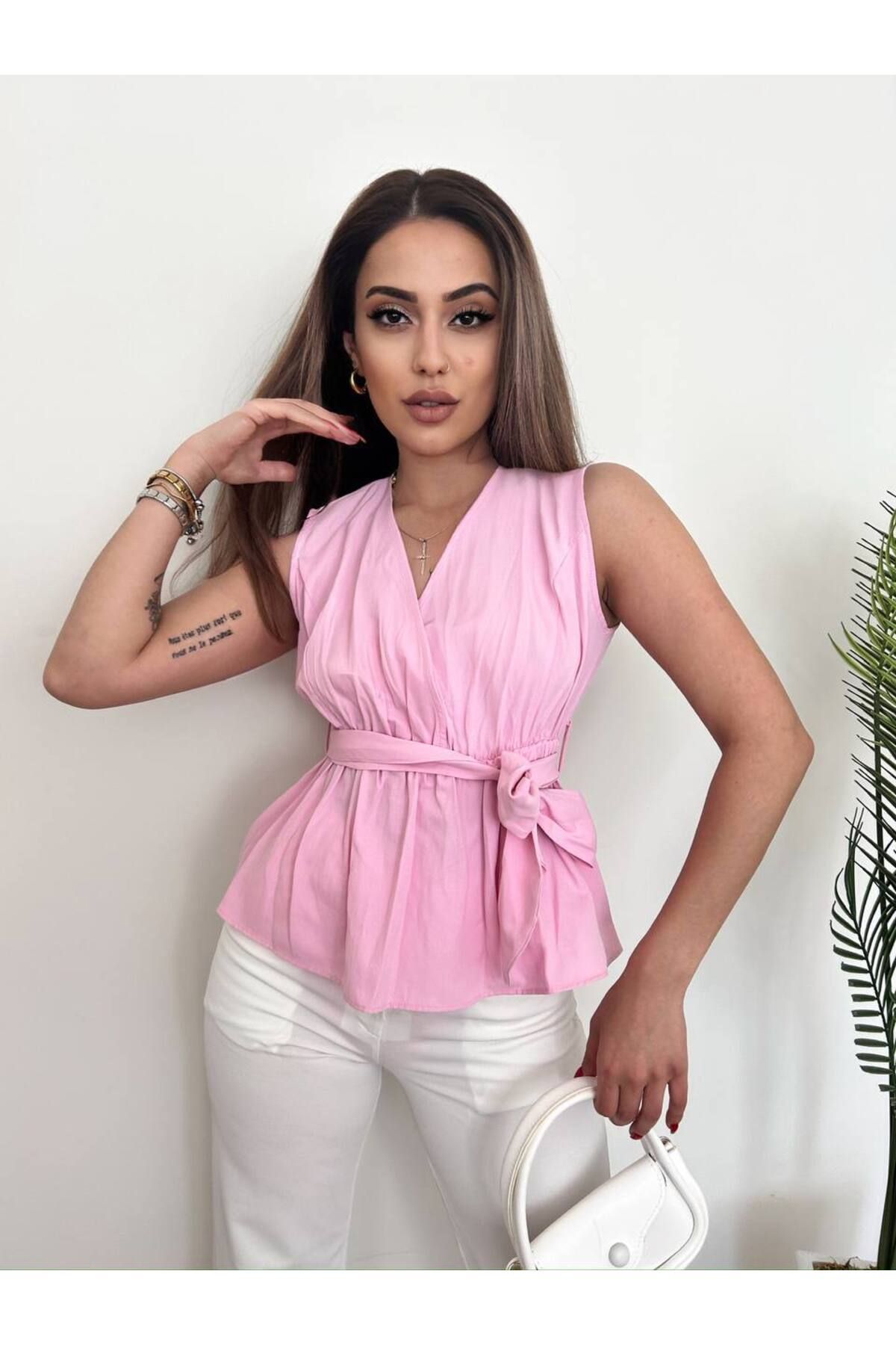 meirah butik Beli Kuşaklı Sıfır Kol Gömlek