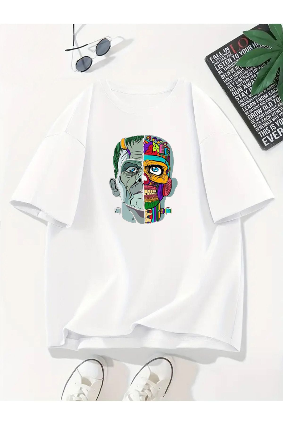 MODA Unisex Oversize Kalıp Renkli Kafa Baskılı T-Shirt