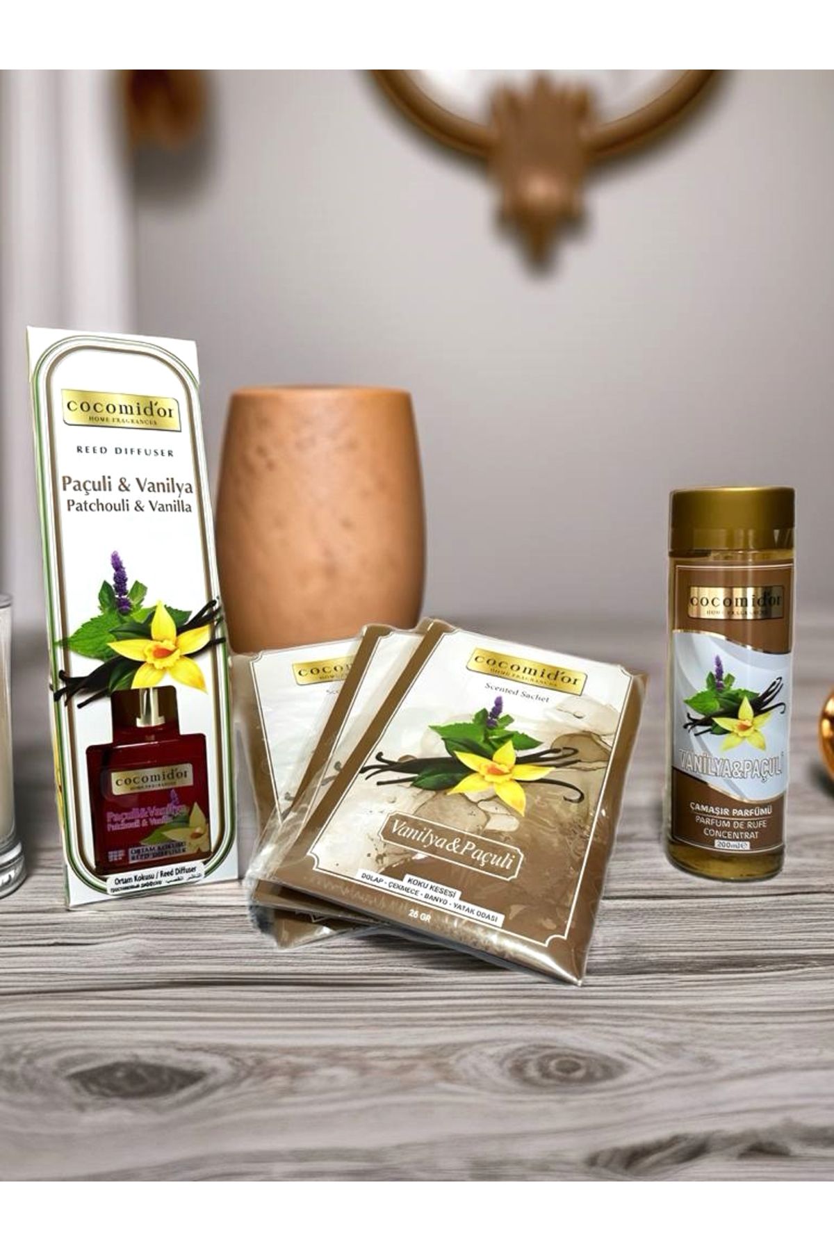 Cocomidor Vanilya & Paçuli Tam Koku Seti – Reed Difüzör + Çamaşır Parfümü + 3'lü Koku Kesesi