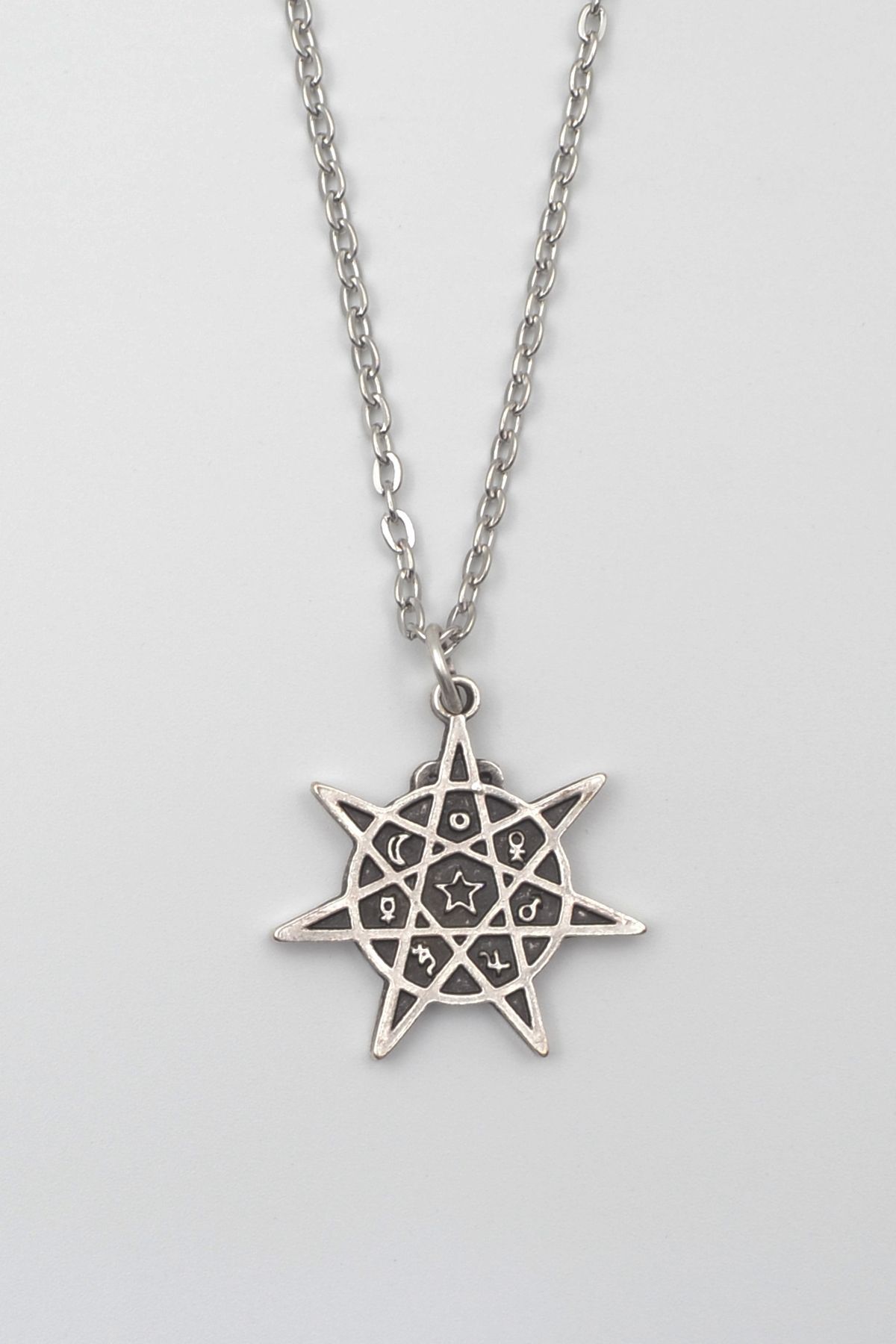 Defnems Accessories Modern Heptagram Yıldız Kolye - Düz Ezme İthal Zincirli Unisex Gümüş Kaplama - 60 cm