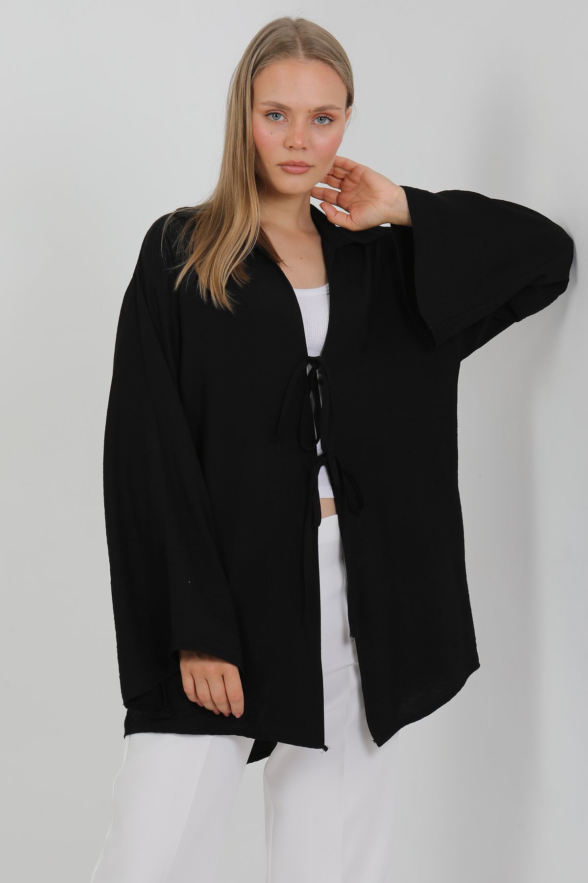 PASTELASTORE Doğal Viskon Kumaş Cepli Bağcıklı Kadın Kimono 1167 – Hafif, Dökümlü, Akışkan, Yazlık Model