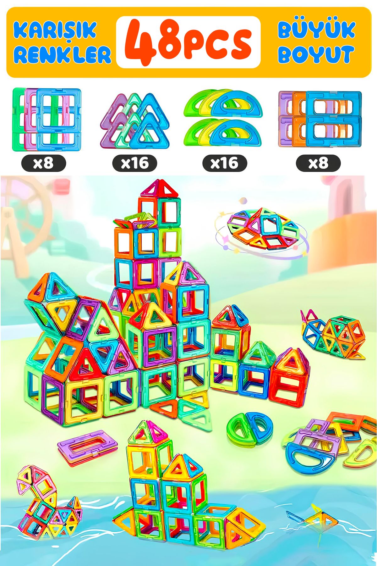 Ay&tel kids wear collections 48 Parçalı Manyetik Mıknatıslı Oyuncak Blok Eğitici Çocuk Oyuncağı l Zeka Geliştirici Yapı Blokları