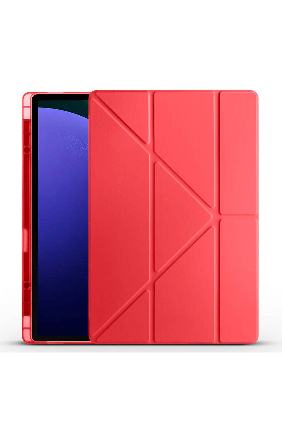 Teknodur Galaxy Tab S10 Ultra Kılıf TKDR Tri Folding Kalem Bölmeli Standlı Kılıf - Kırmızı
