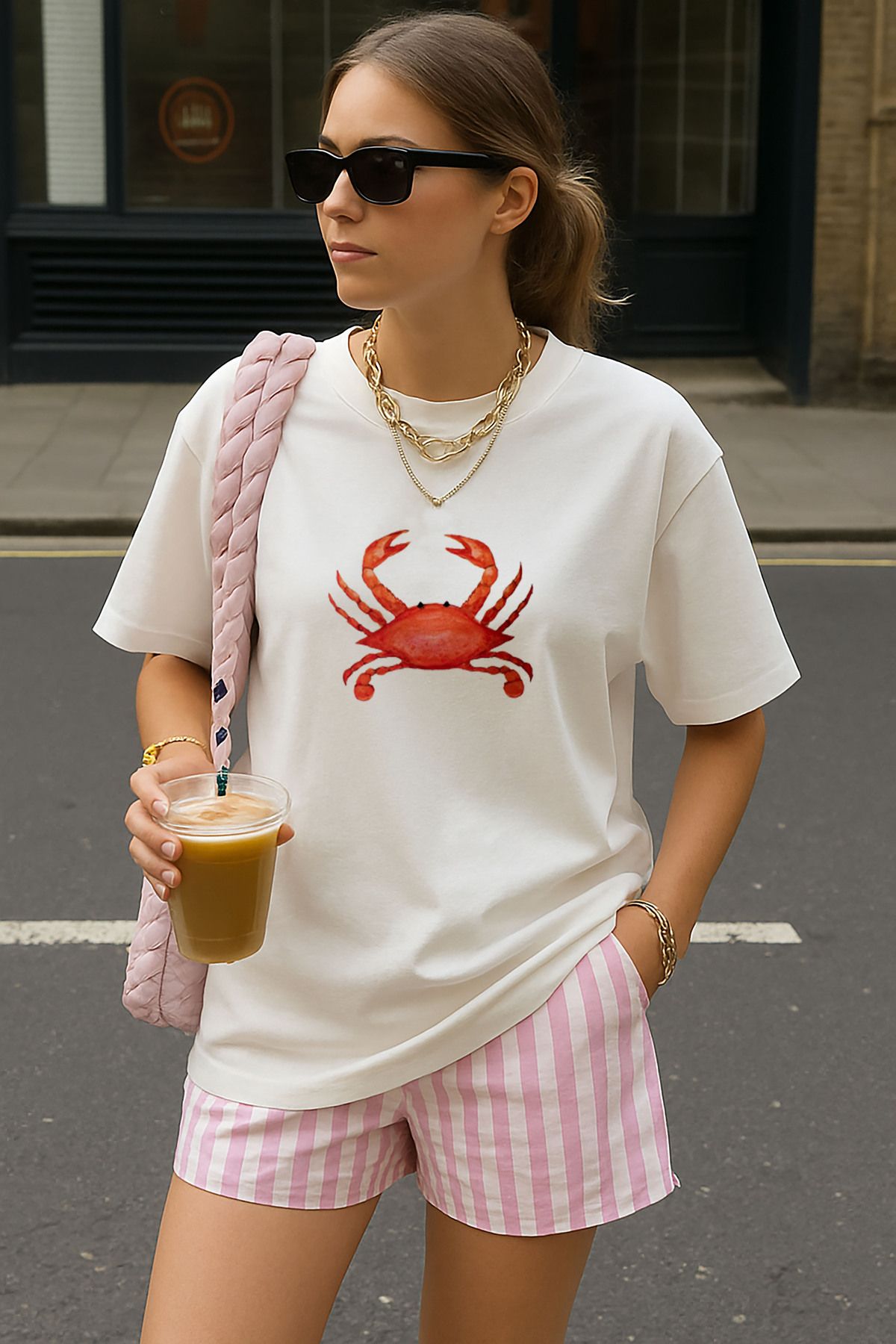 sielta Istakoz Lobster Baskılı Oversize Kadın Pamuklu Beyaz Tişört T-shirt