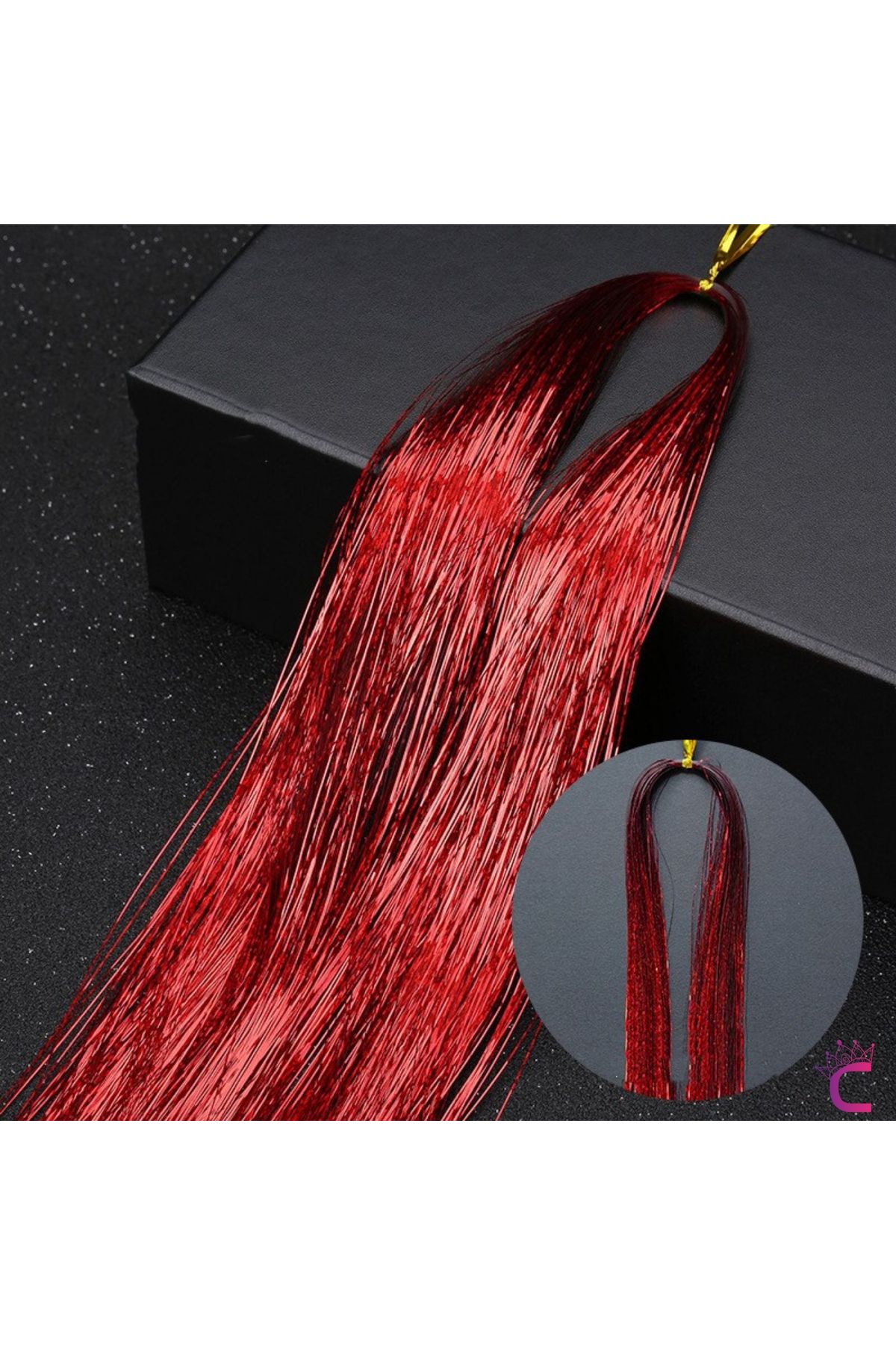Cinderella Kırmızı Renkli Hair Tinsel Saç Simi 120cm - Simli Saç Aksesuarı Örme Postiş Saça Bağlanan Model