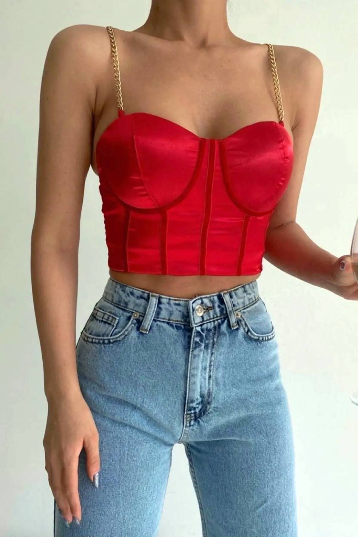 BENİMOLMALI Saten Zincir Askılı Crop Bra Destekli Crop Askılı Crop Büstiyer Gipeli Crop görsel 2