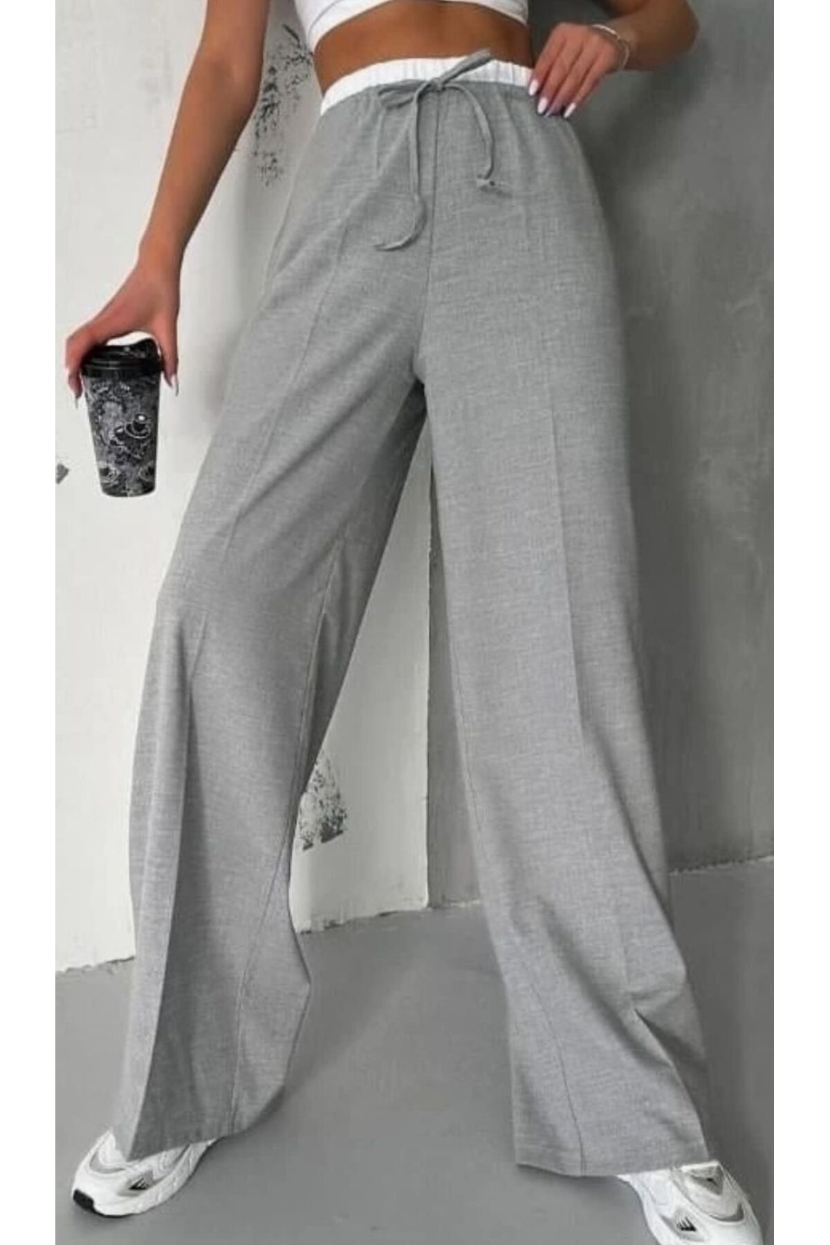 mzr gri beli lastikli pantalon