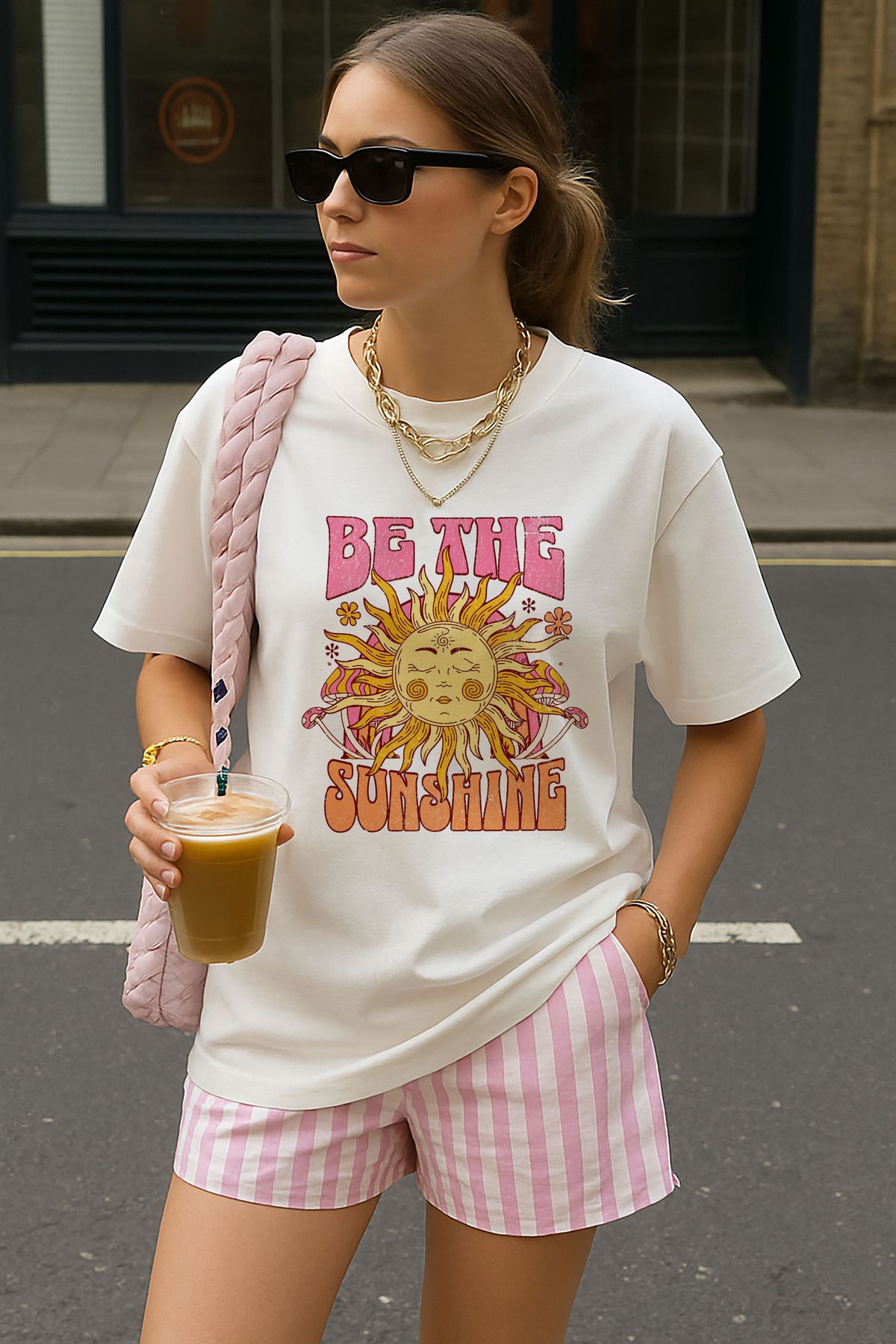 sielta Be The Sunshine Güneş Baskılı Oversize Kadın Pamuklu Beyaz Tişört T-shirt