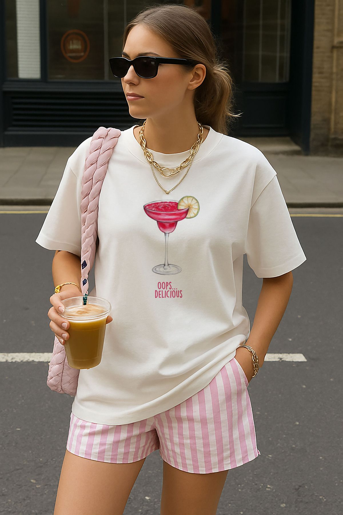 sielta Kokteyl Coctails Baskılı Oversize Kadın Pamuklu Beyaz Tişört T-shirt