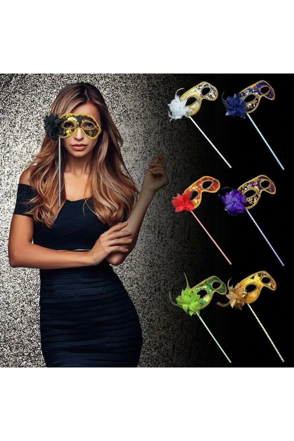 OurStyles Lüks Taşlı Saplı Maskeli Balo Maskesi Siyah Renk 35 cm