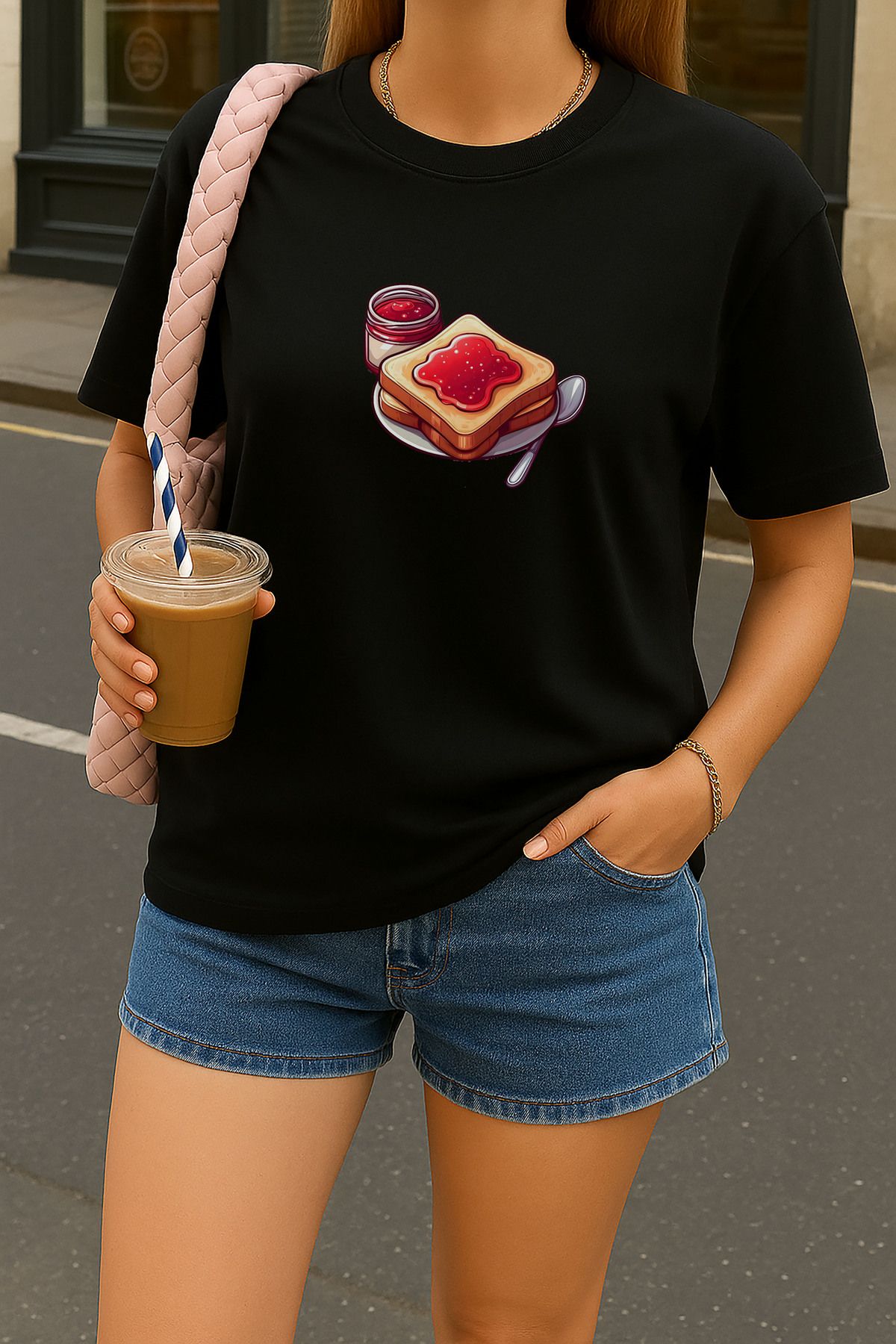 sielta Reçel Baskılı Oversize Kadın Pamuklu Siyah Tişört T-shirt