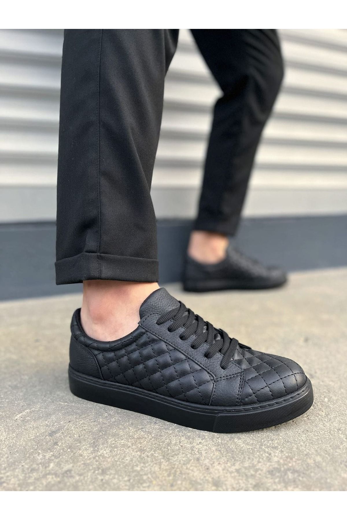 onlinebutik BY166 Prestige Bağcıklı Cilt Kapitone Desenli Erkek Günlük Sneaker Ayakkabı CST - Siyah