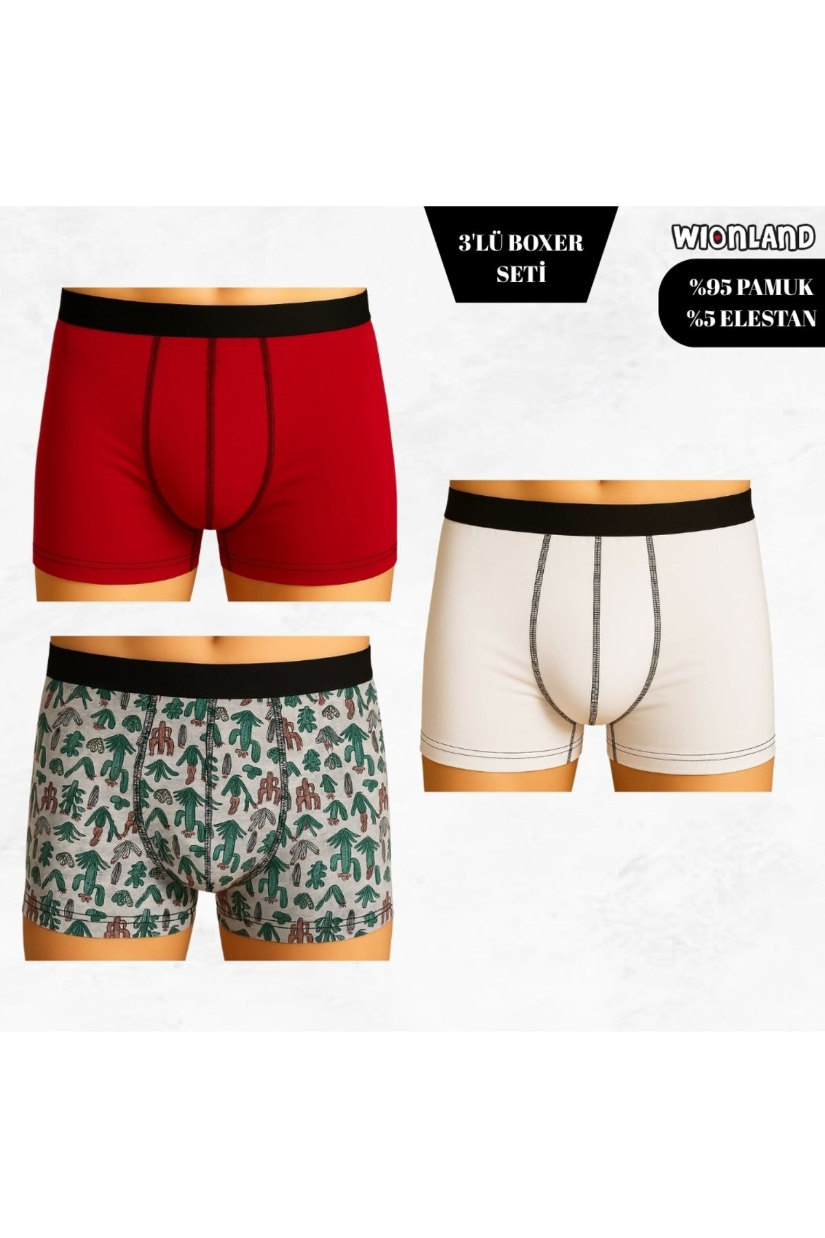 Wionland Erkek 3'lü Boxer Seti – XL Beden (Kaktüs Temalı / Kırmızı / Beyaz)