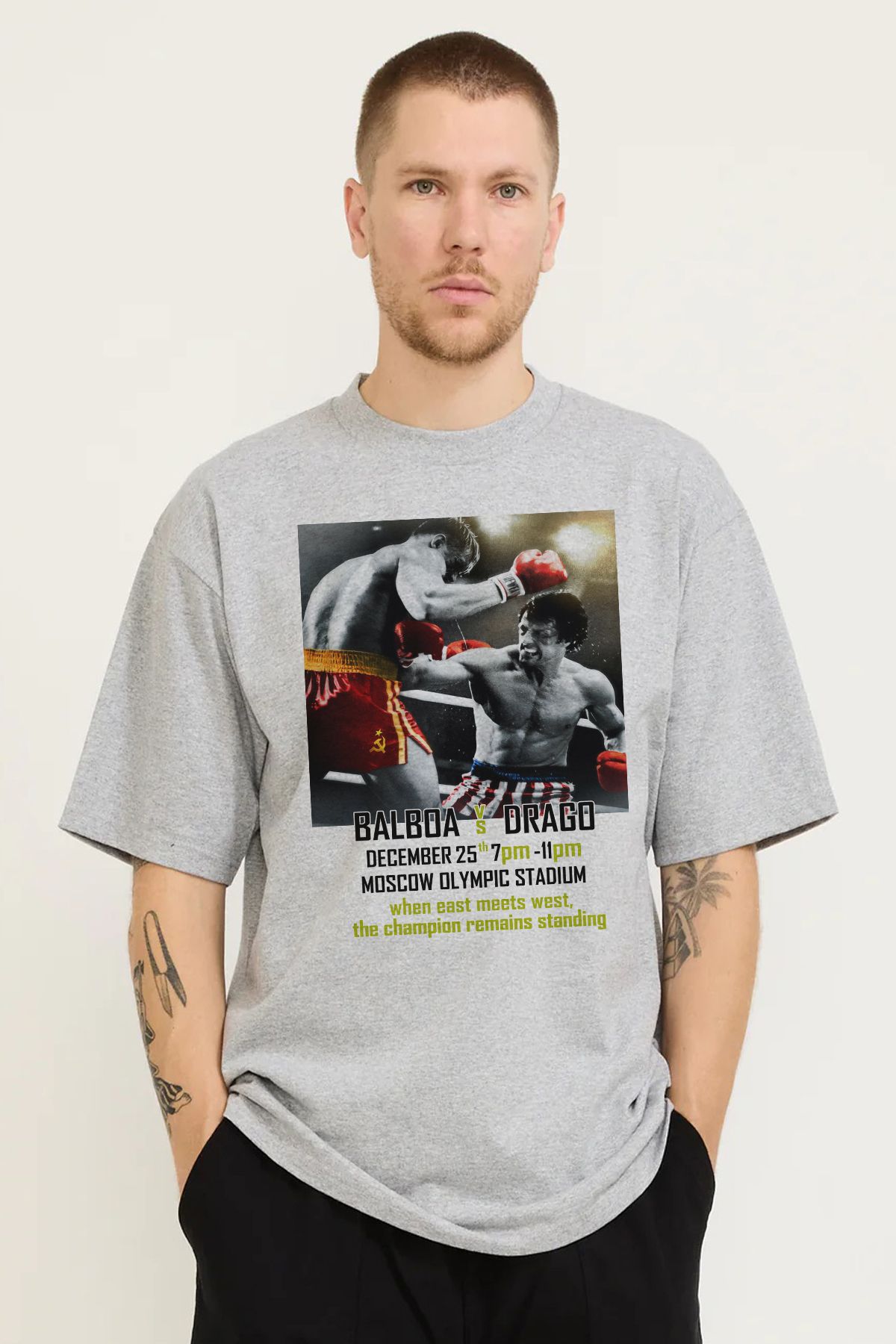 MODA Rocky ivan Drago Baskılı Oversize Kalıp Grimelanj Bol Kesim Erkek Tişört