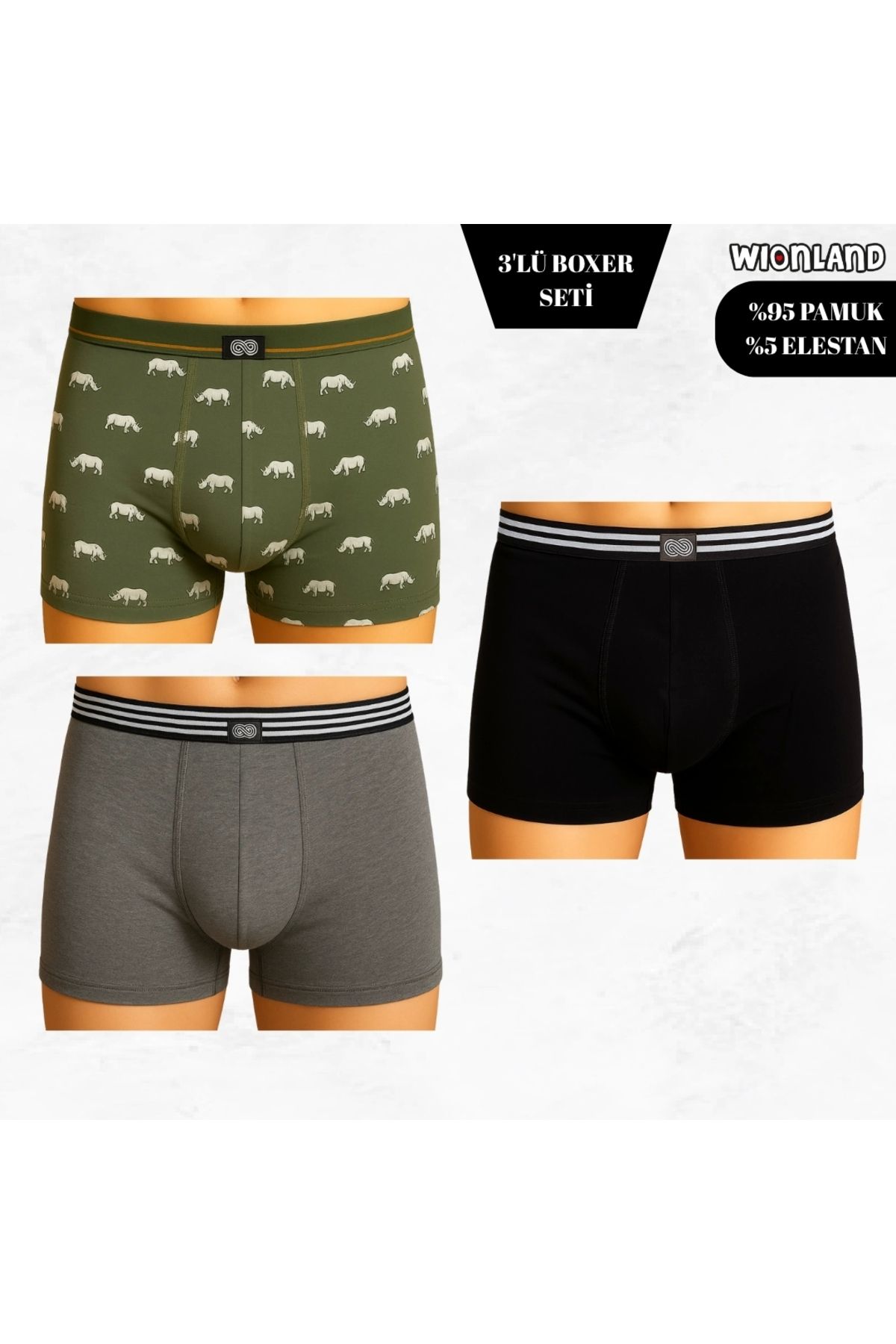 Wionland Erkek 3'lü Boxer Seti – L Beden (Siyah / Yeşil Desenli / Gri)
