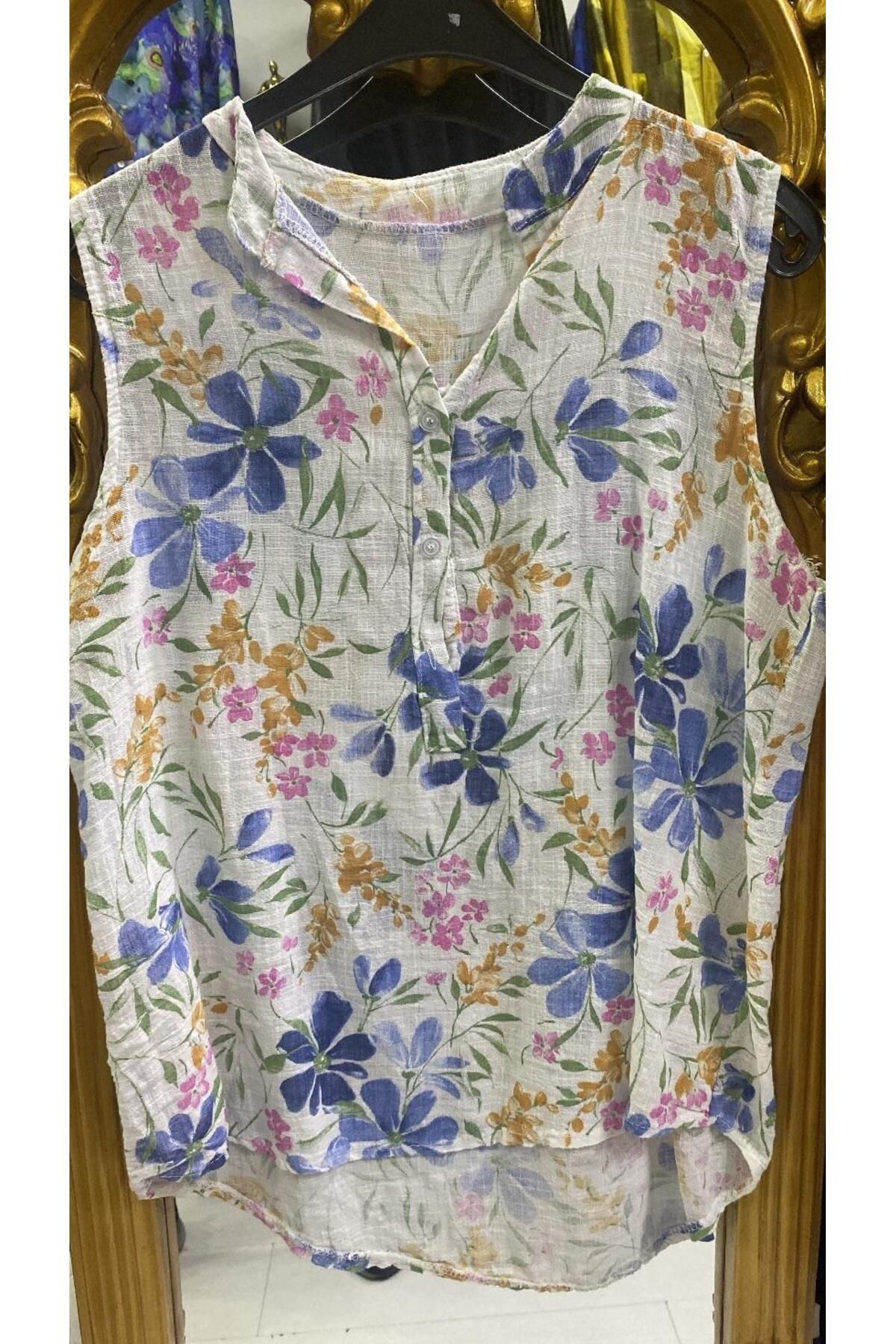 Butik Ayseba Park Moda Kadın Sıfır Kol Desenli İtalyan Keten Gömlek Bluz