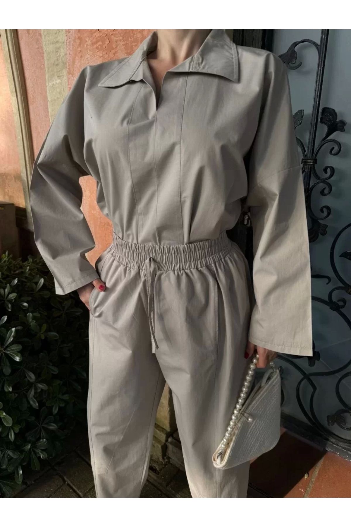AE Stil Kadın Uzun Kollu Yakalı Gömlek Pantalon Takım- Gri