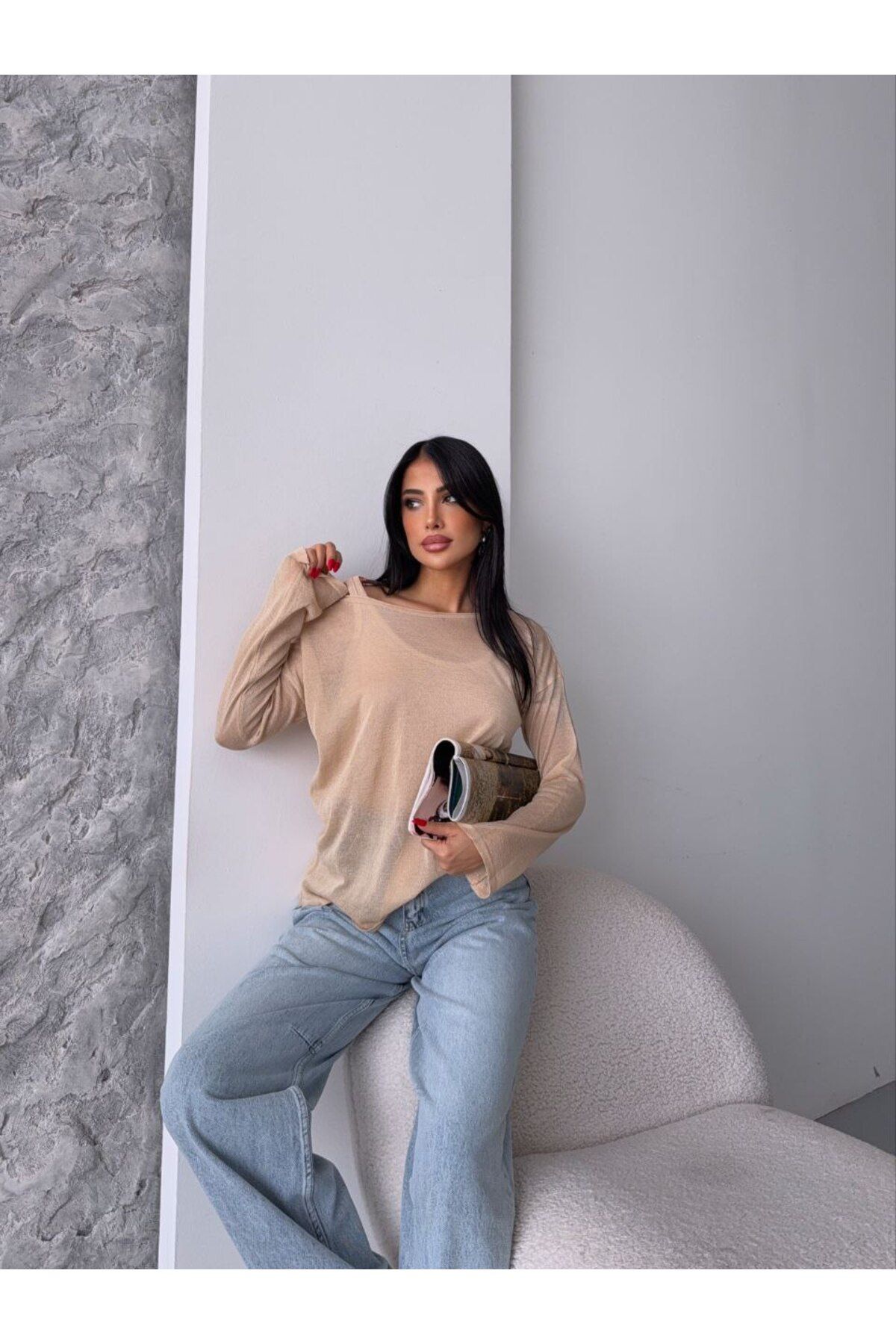codudem DÜŞÜK OMUZ AJURLU ÖRME İKİLİ MEVSİMLİK COOL BLUZ