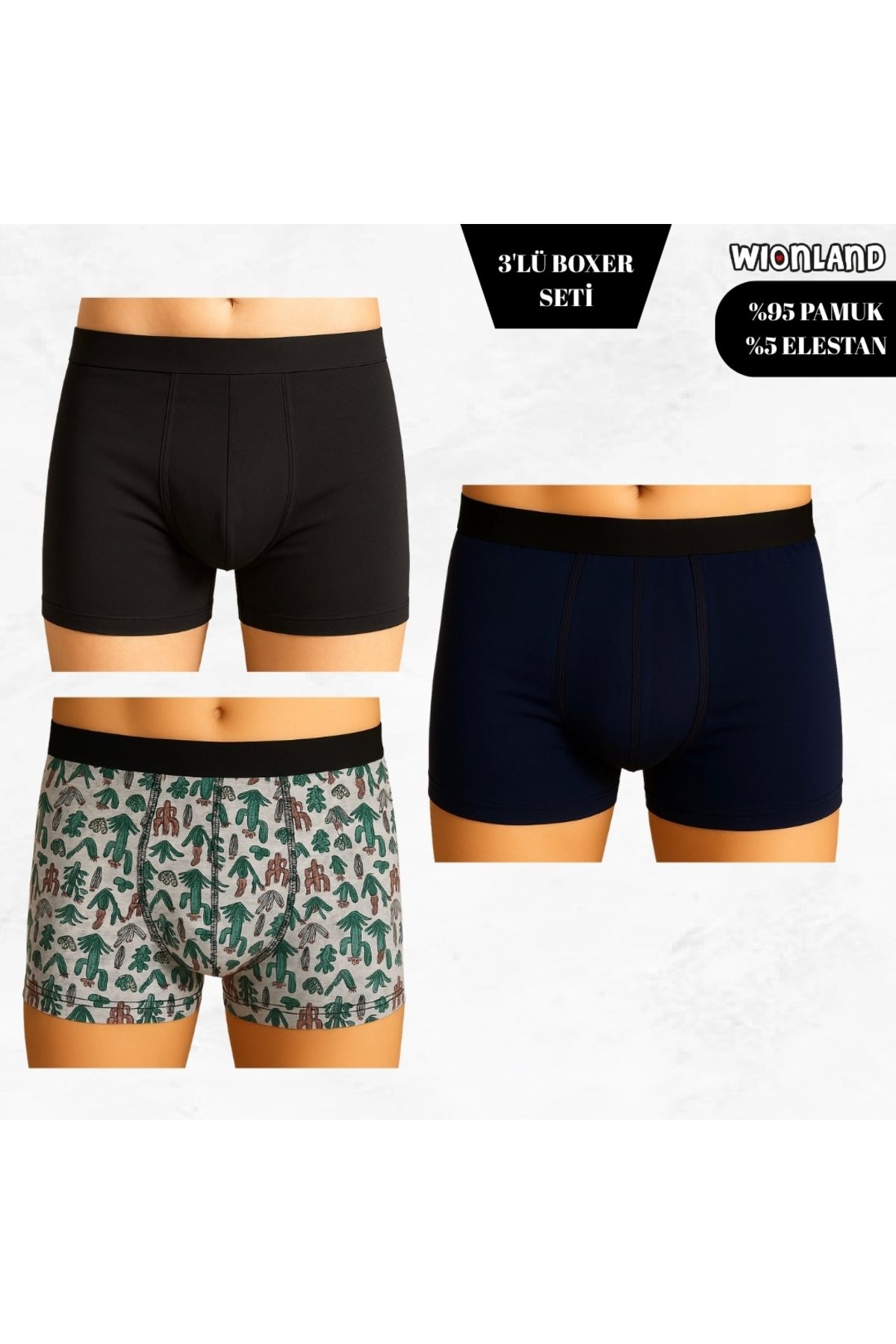 Wionland Erkek 3'lü Boxer Seti – M Beden (Kaktüs Temalı / Siyah / Lacivert)