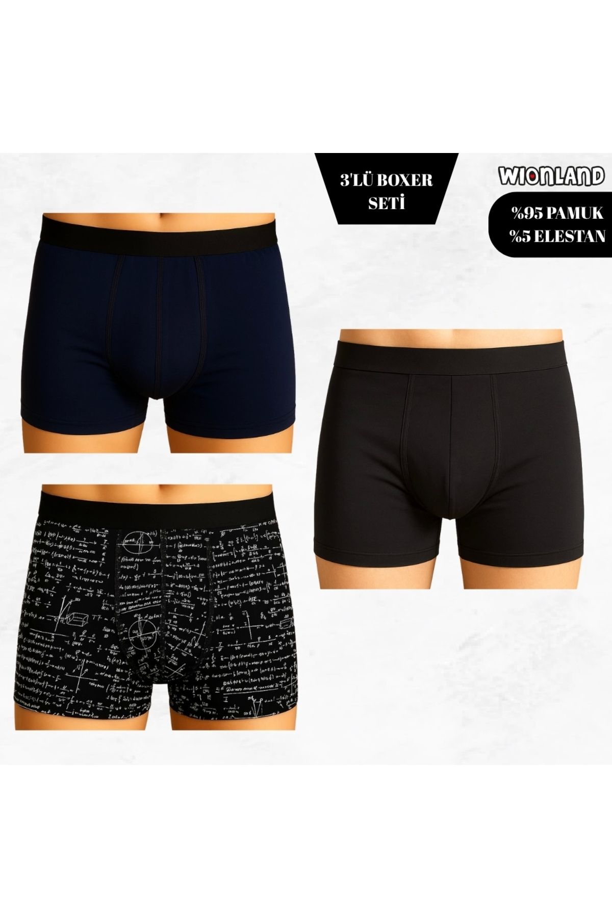 Wionland Erkek 3'lü Boxer Seti – XL Beden (Siyah Yazılı / Lacivert / Siyah)