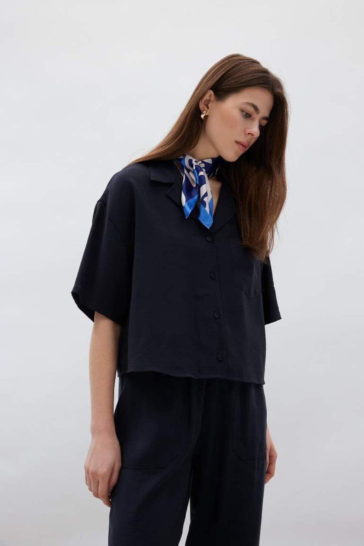 DeFacto Yeni Sezon Loose Fit Ceket Yaka Modal Kısa Kollu Gömlek