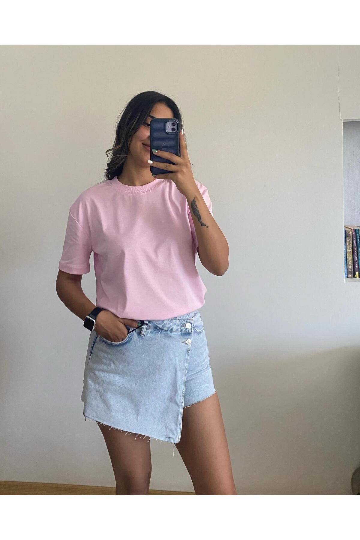 Girls House Kadın Likralı Bisiklet Yaka Pembe Basic T-Shirt