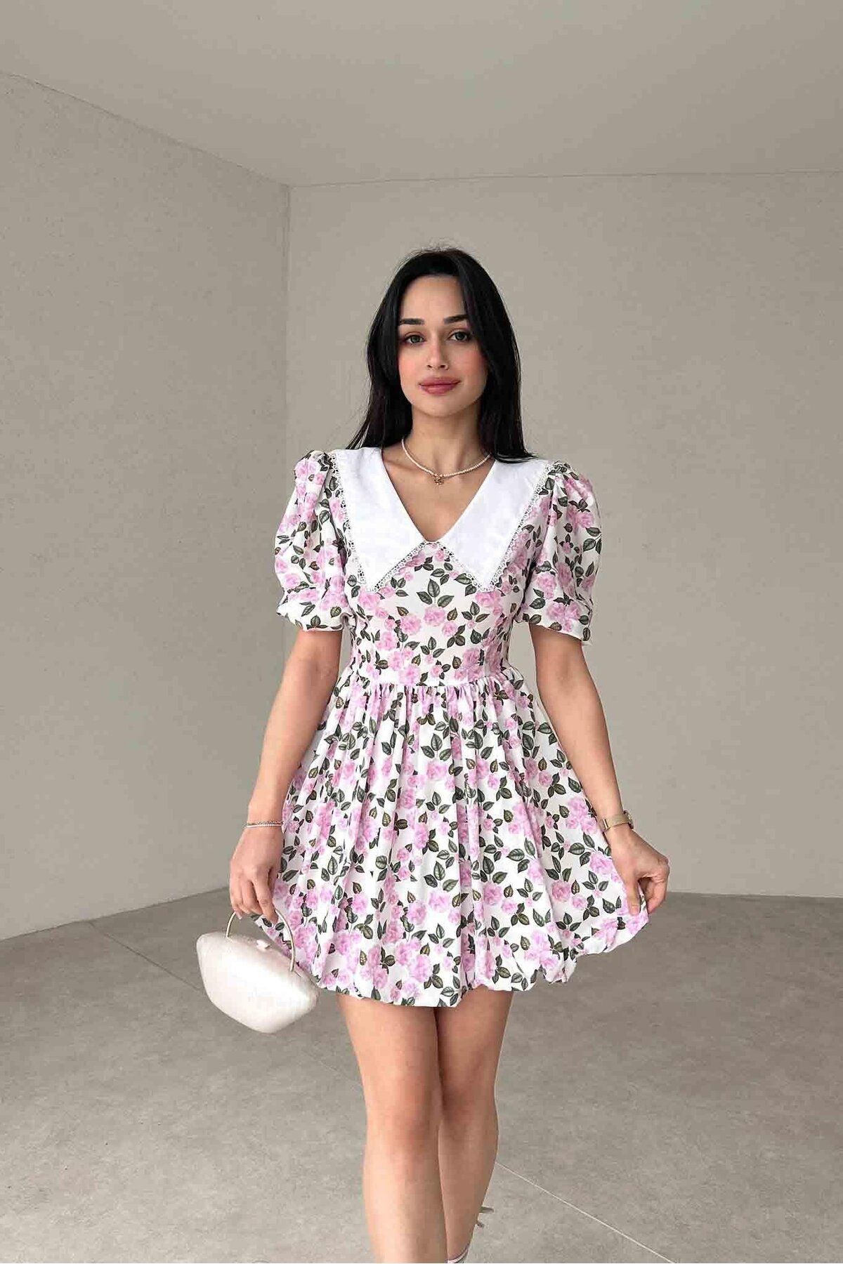 MEECY Çiçek Desenli Bebe Yaka Poplin Elbise