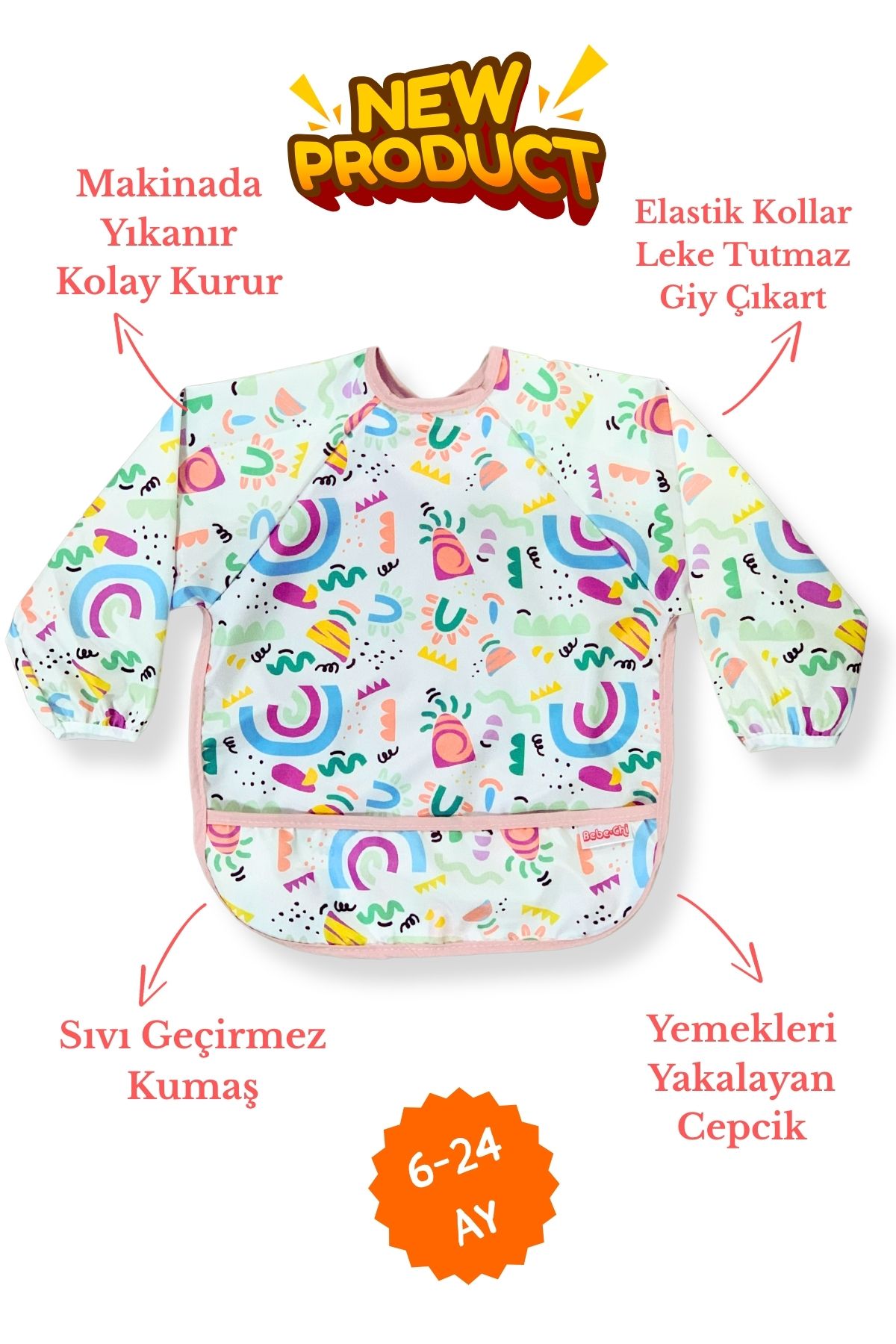 BibKing Melin Desen Uzun Kollu Giyilebilir Sıvı Geçirmez Aktivite ve Mama Önlüğü 6-24 AY