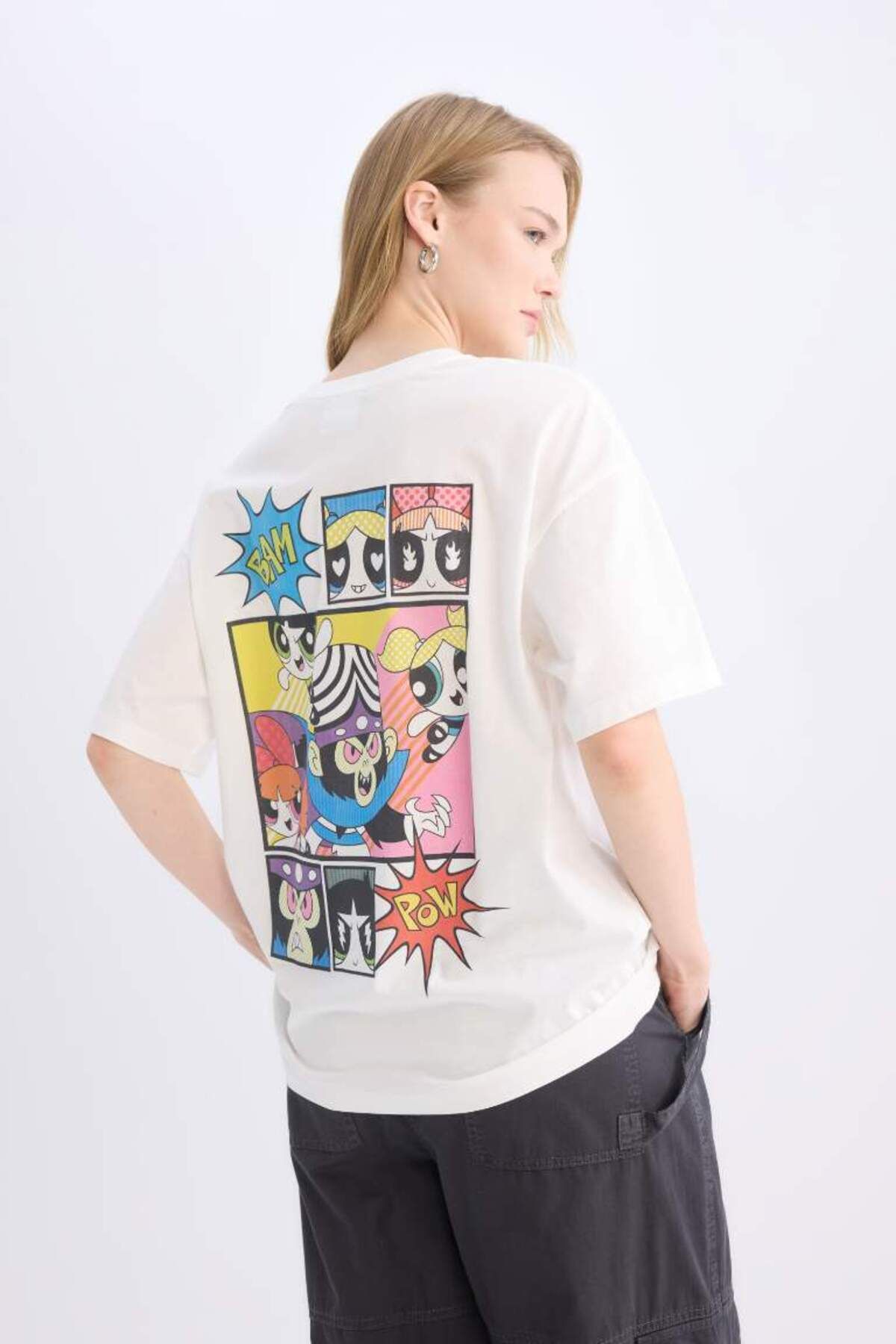 DeFacto Yeni Sezon Coool PowerPuff Girls Oversize Geniş Kalıp Bisiklet Yaka Sırt Baskılı Kısa