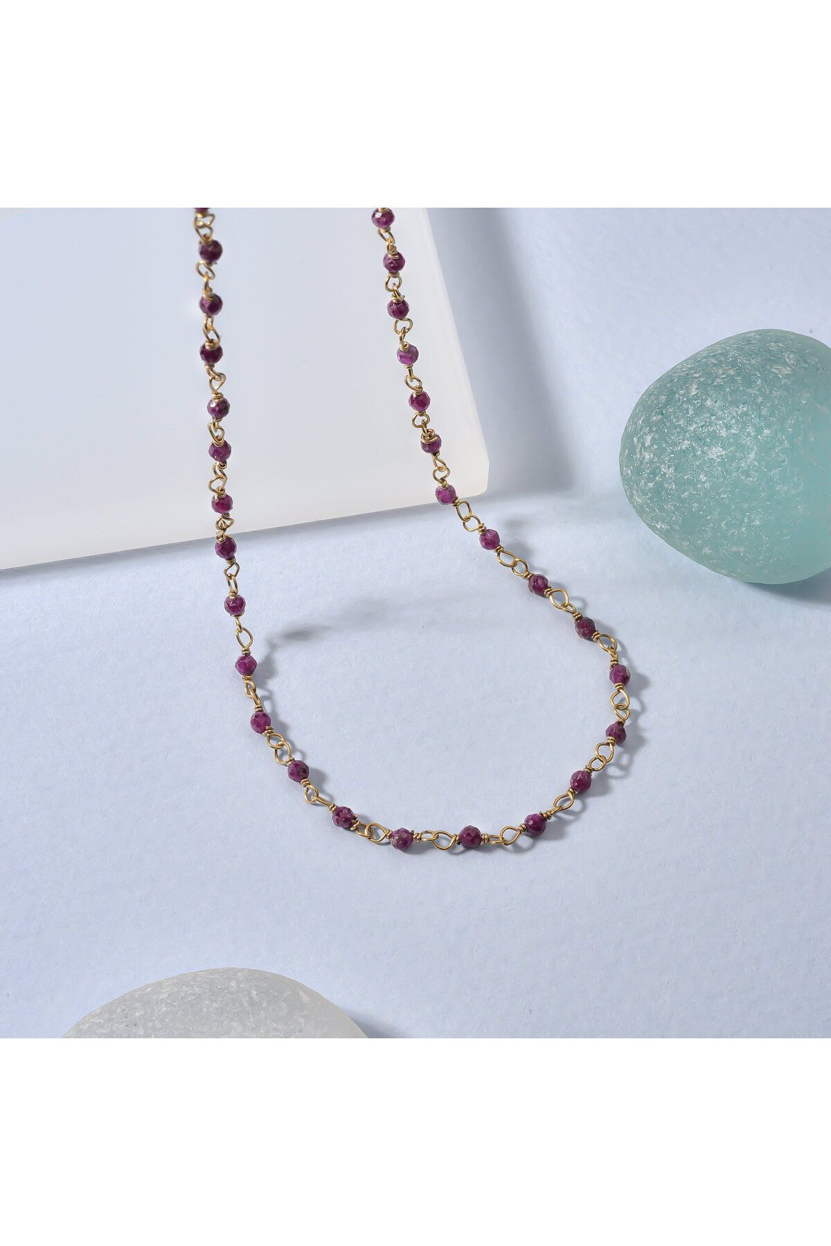 Nox Jewelry 14 Ayar Altın Kaplama Ruby Doğal Taşlı El Yapımı Gümüş Kolye - CNS00630