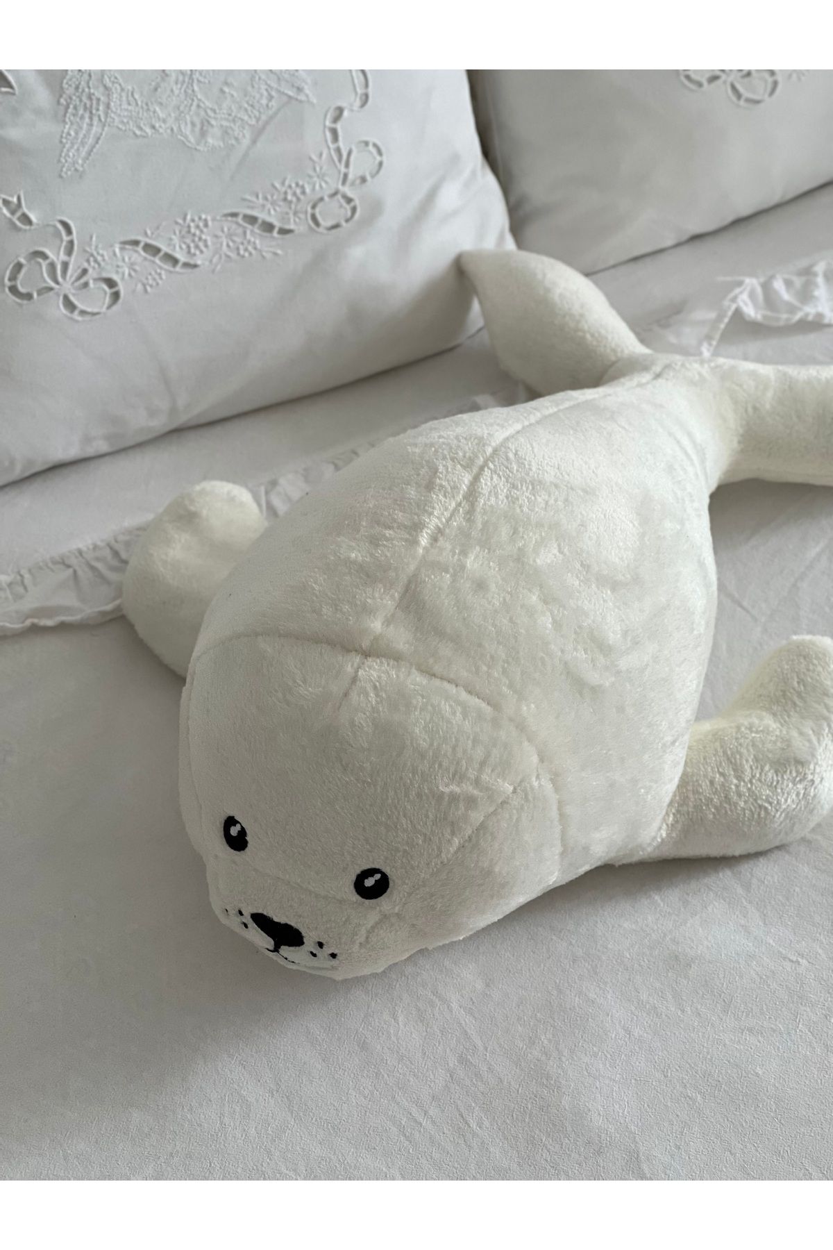 MR.Frenks Çocuk Sevimli Fok Balığı Oyun&Uyku Arkadaşı Peluş Yastık Beyaz 50 cm