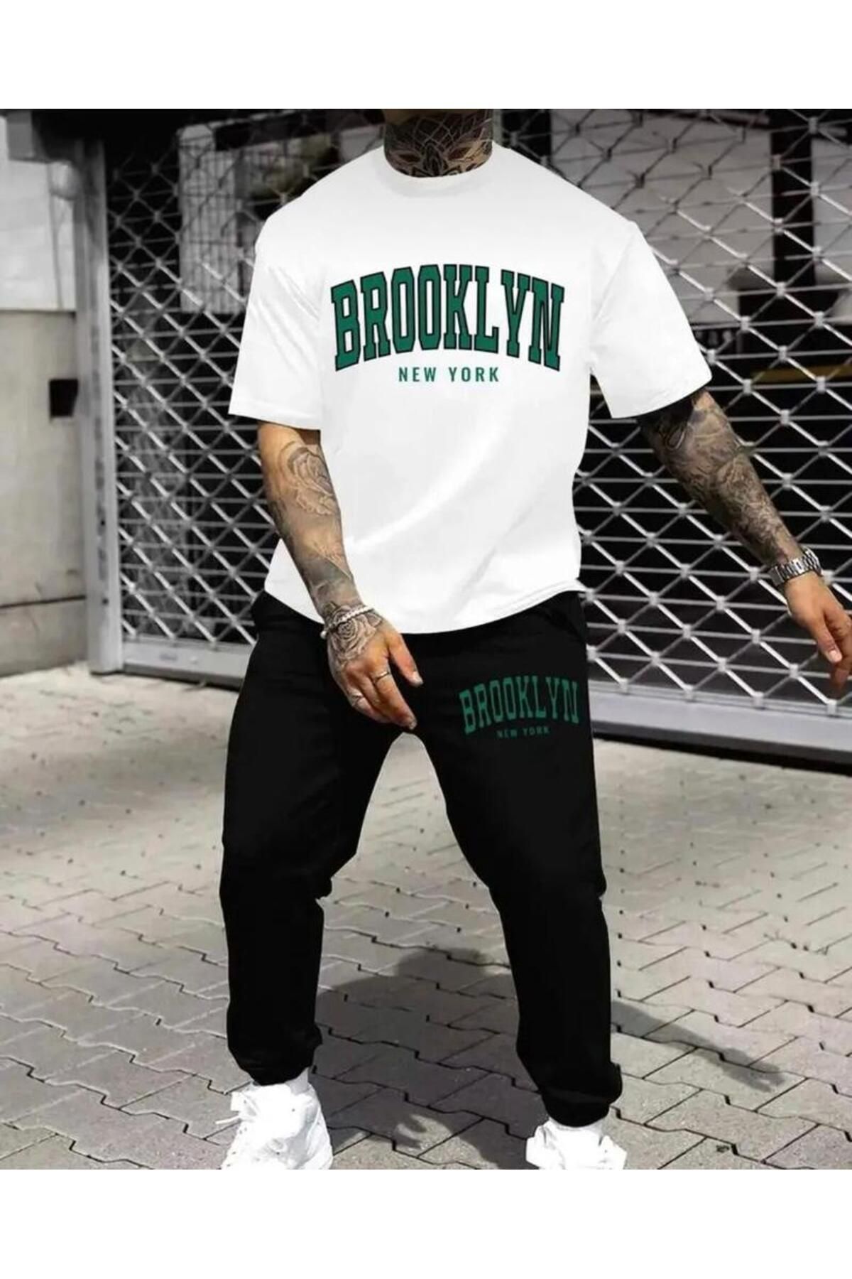 khufu Brooklyn Baskılı Oversize Kalıp Beyaz T-shirt ve Siyah Eşofman ikili Takım unisex