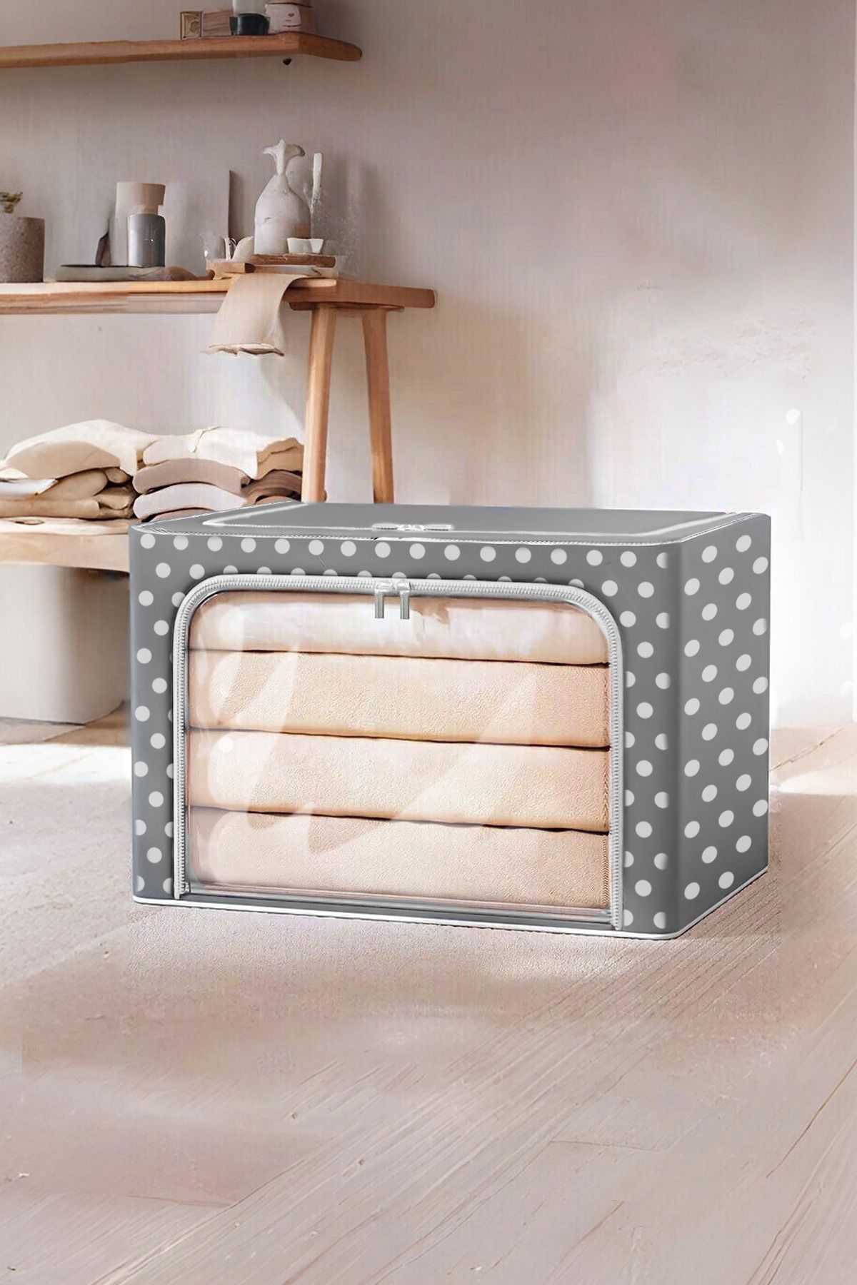 HESİODOS Puantiye Desenli Pencereli Çerçeveli Çok Amaçlı Hurç Medium-telli Hurç 40x50x30cm Kazak Ve Battaniye