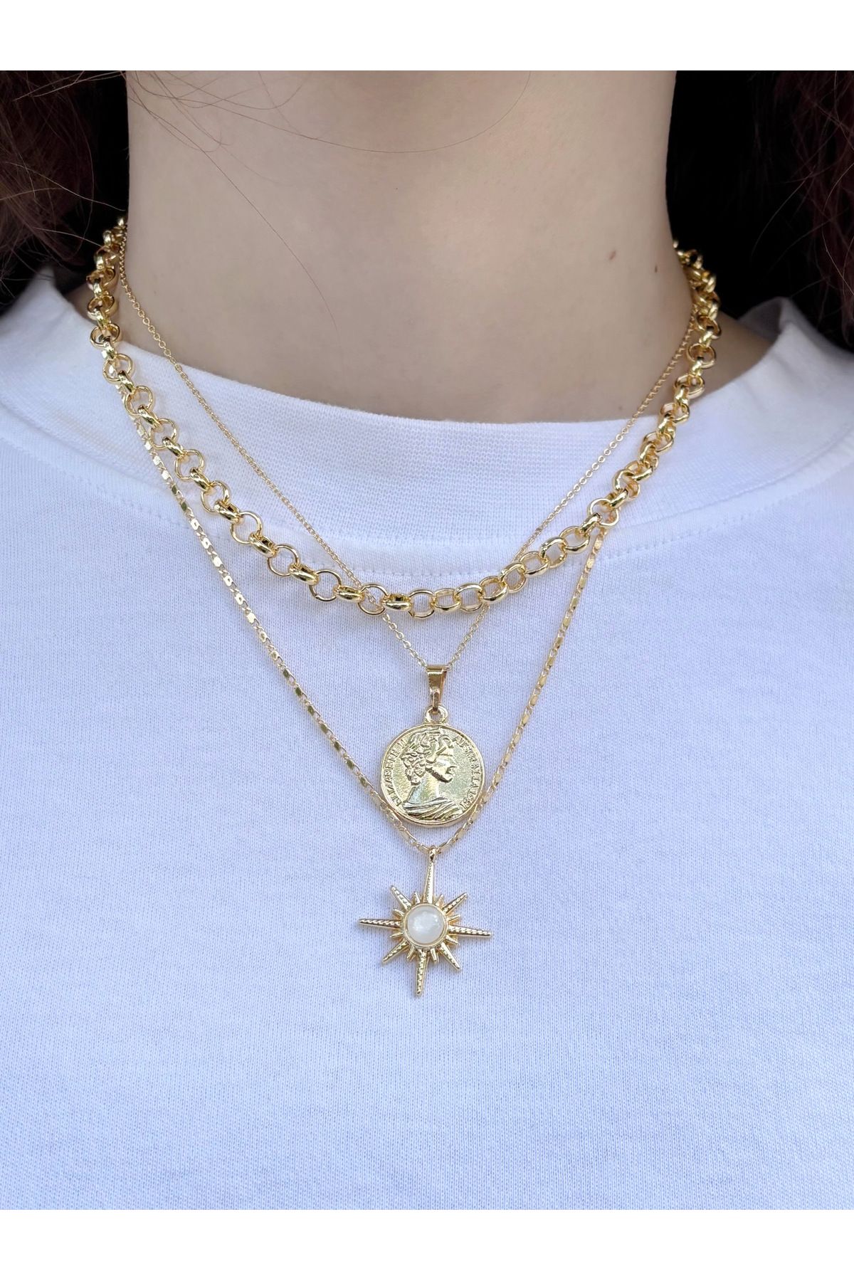 Eylülün Takısı Kadın Gold Renk 3 Adet Pinterest Kolye