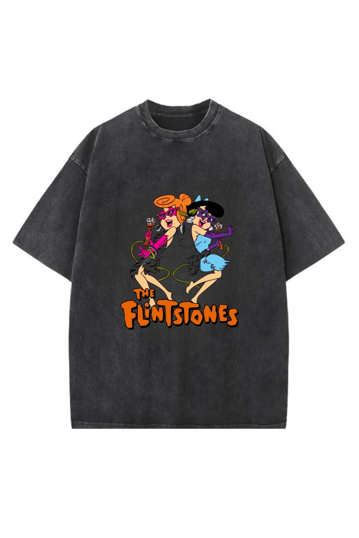 1blood Taş Devri Baskılı Yıkamalı Vintage Unisex Oversize T-Shirt