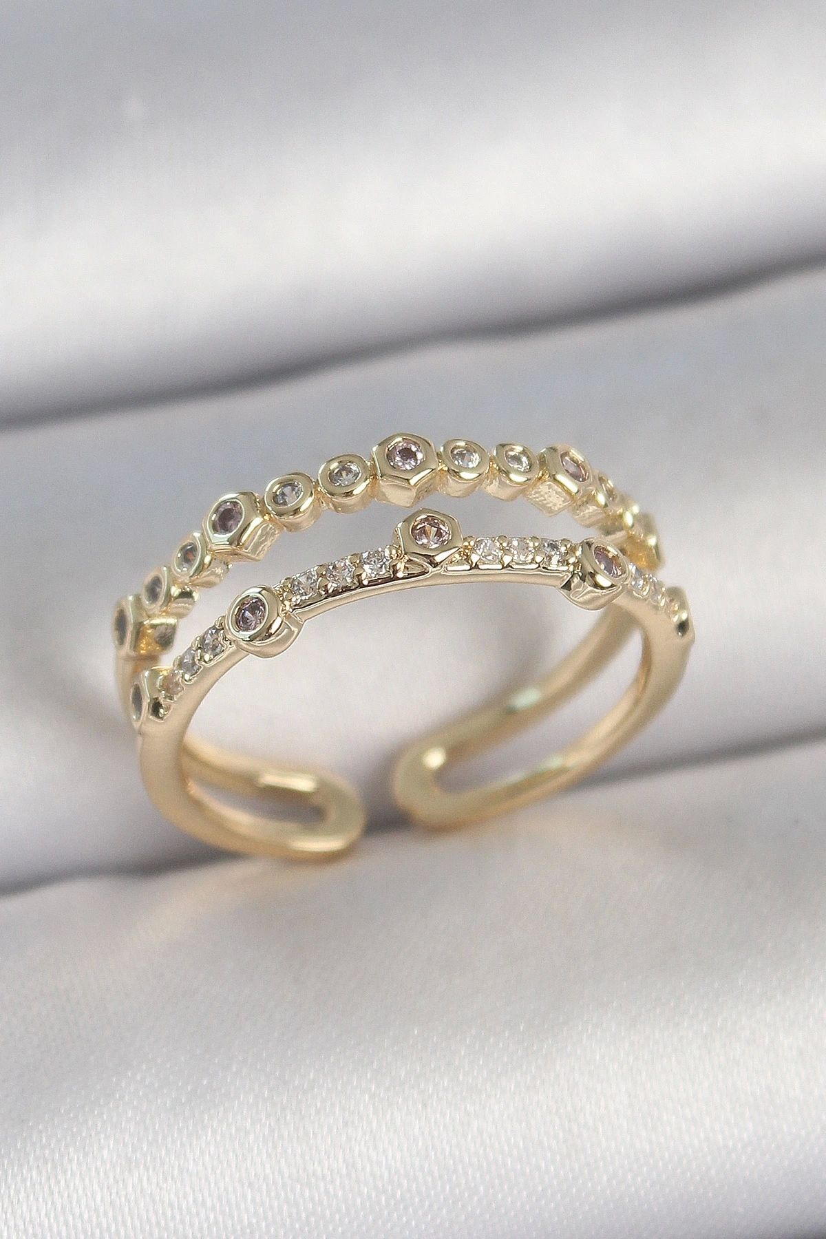 OurStyles Pirinç Gold Renk 2'Li Sıralı Zirkon Taşlı Ayarlanabilir Model Kadın Yüzük - TJ-BYK3743