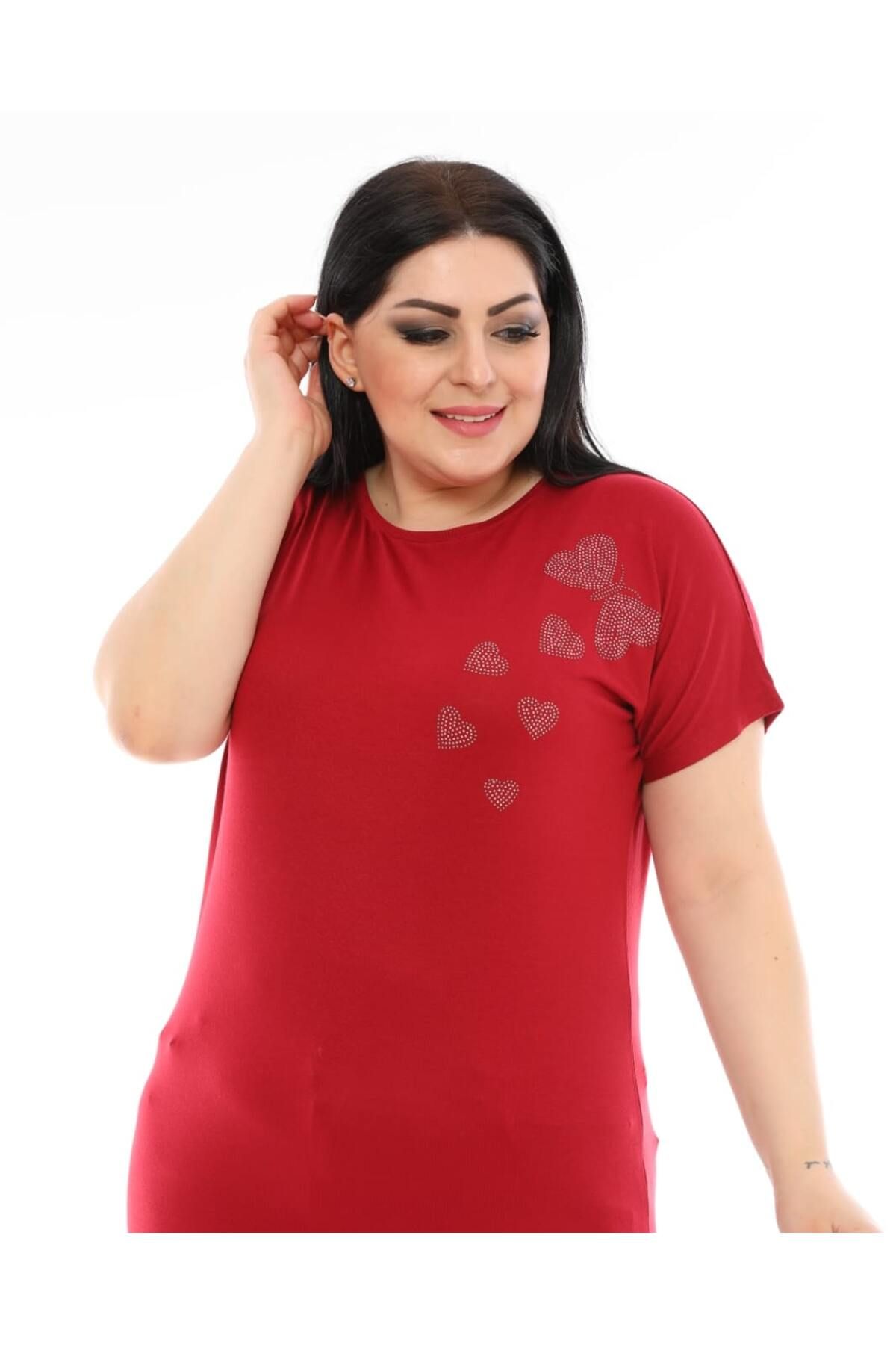 Noname Balanne Taşlı Likralı-Pamuklu Anne Penye Bisiklet Yaka Kısa Kollu Anne Bluz Kadın Tişört