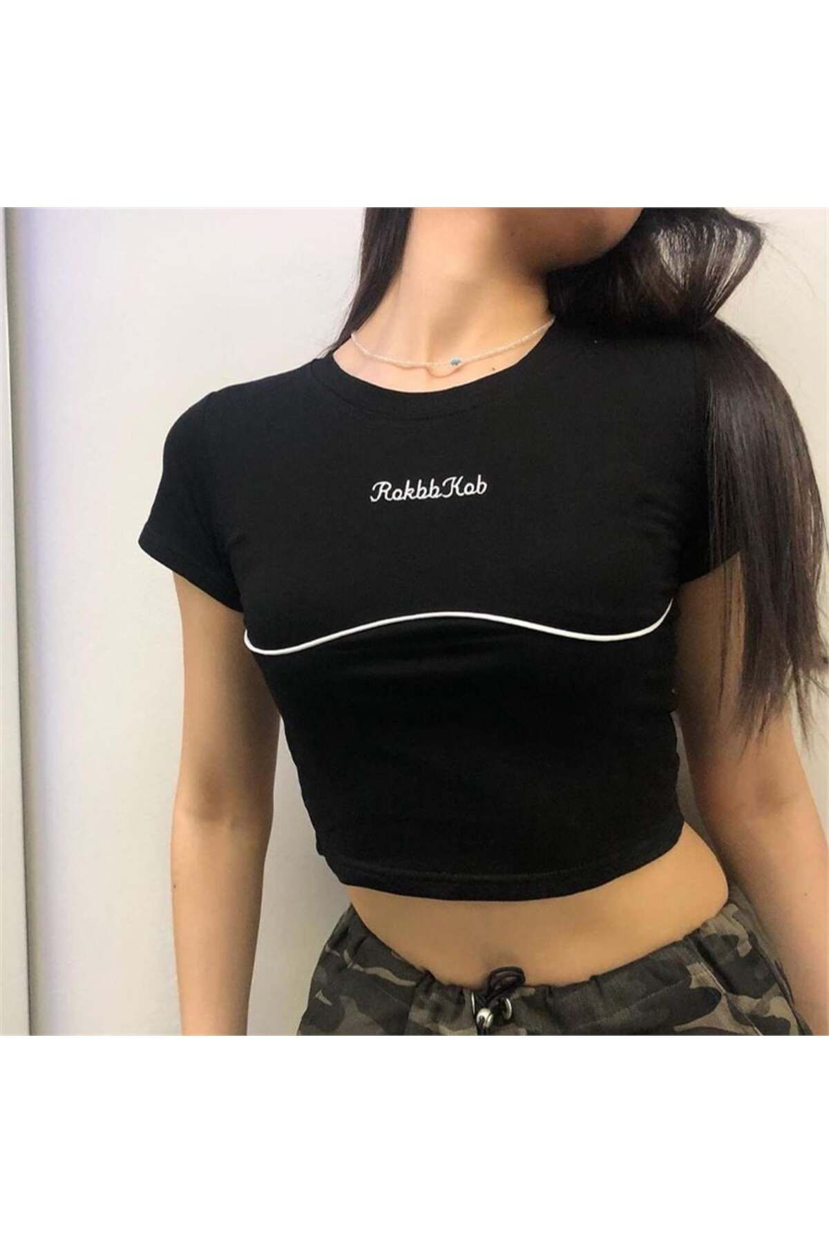 BALİNA Siyah Şerit Detay Rokbb Kob Kısa Kollu Crop -ALH
