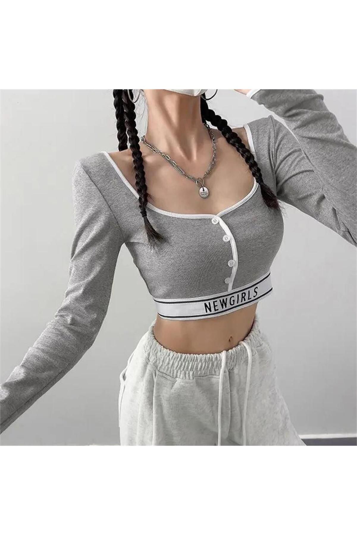 BALİNA Gri Melanj Düğmeli Beyaz Şeritli Newgirls Uzun Kollu Crop -ALH