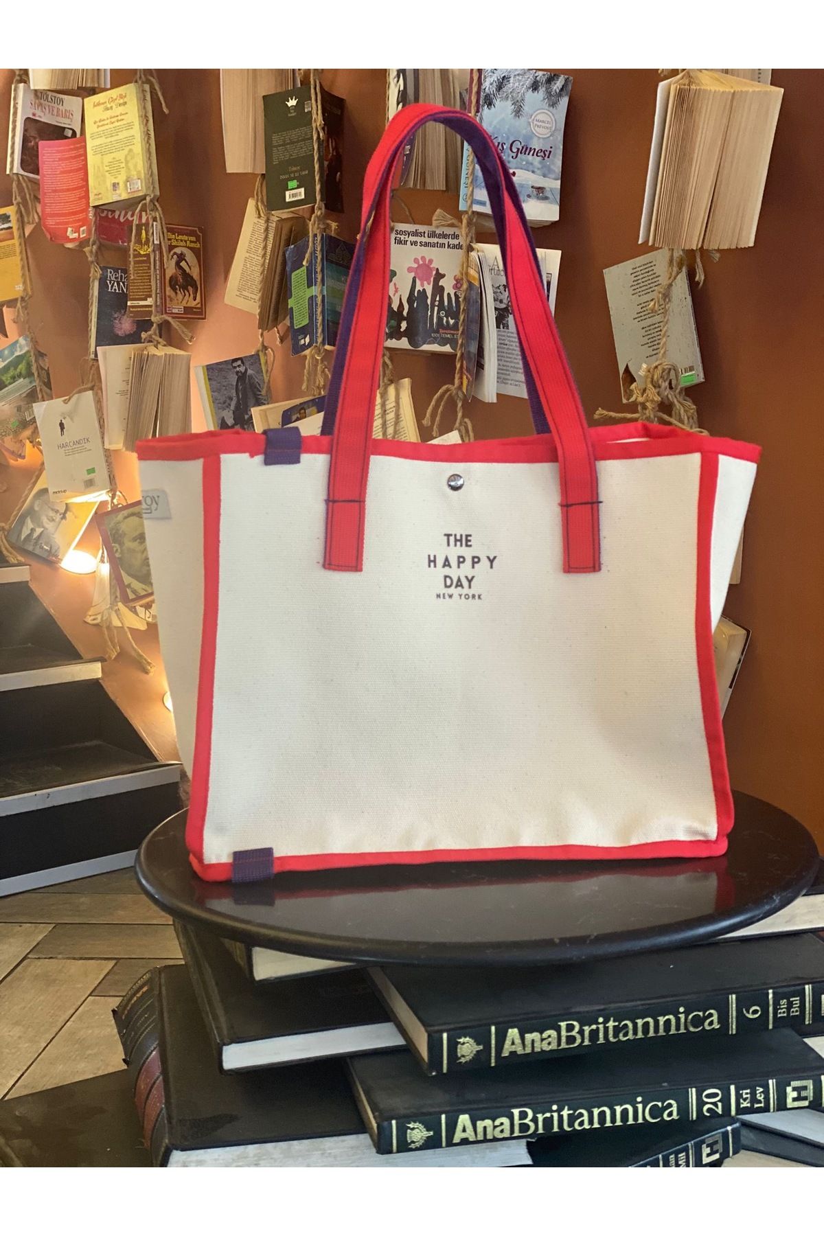 NAVOY Kırmızı Detaylı Kanvas Omuz Çantası-Tote Bag