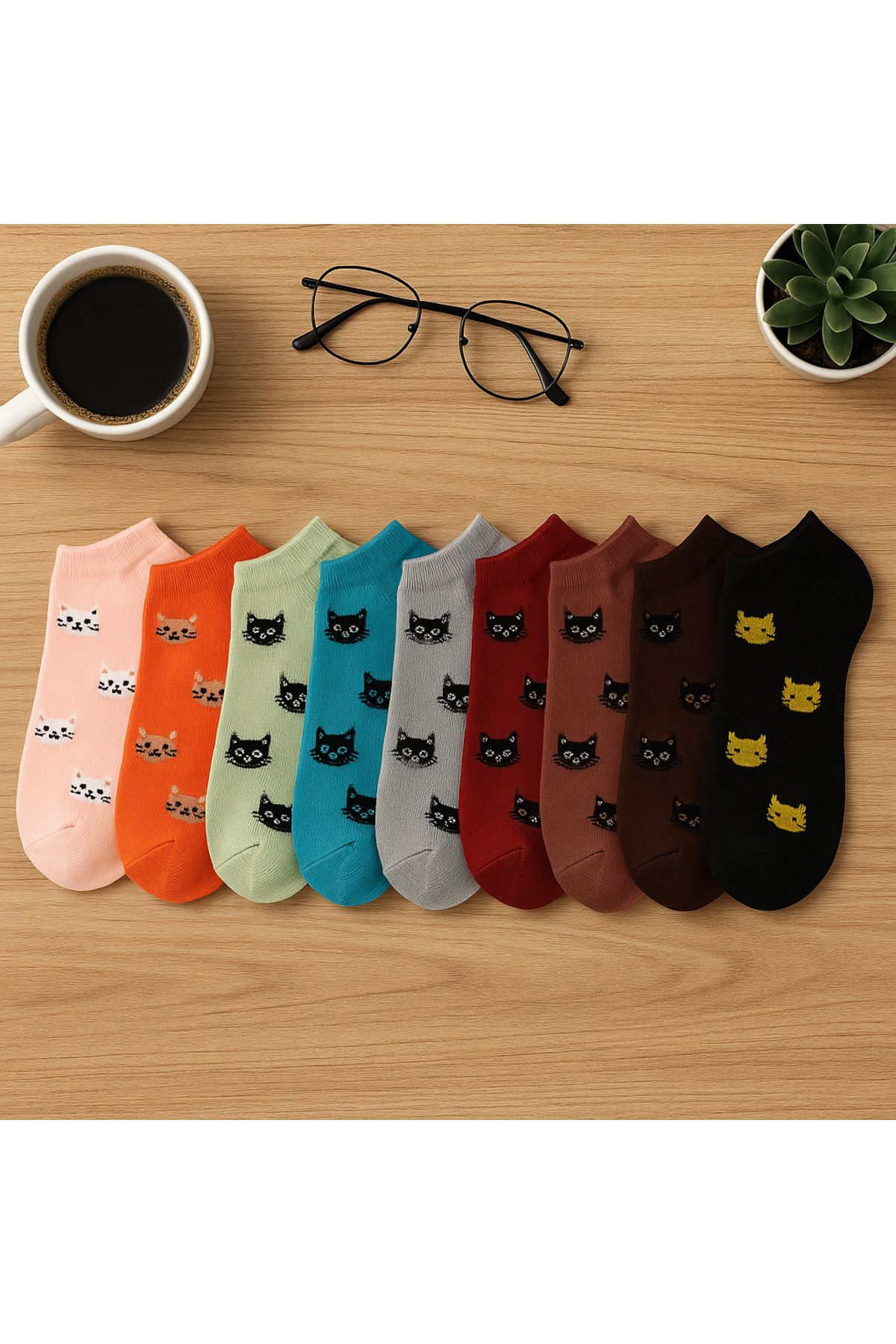 BATUSHE Kadın Desenli Kısa Çorap -5'li Paket – Karışık Renkli -kadın çorap patik – 36-38-kedi desen