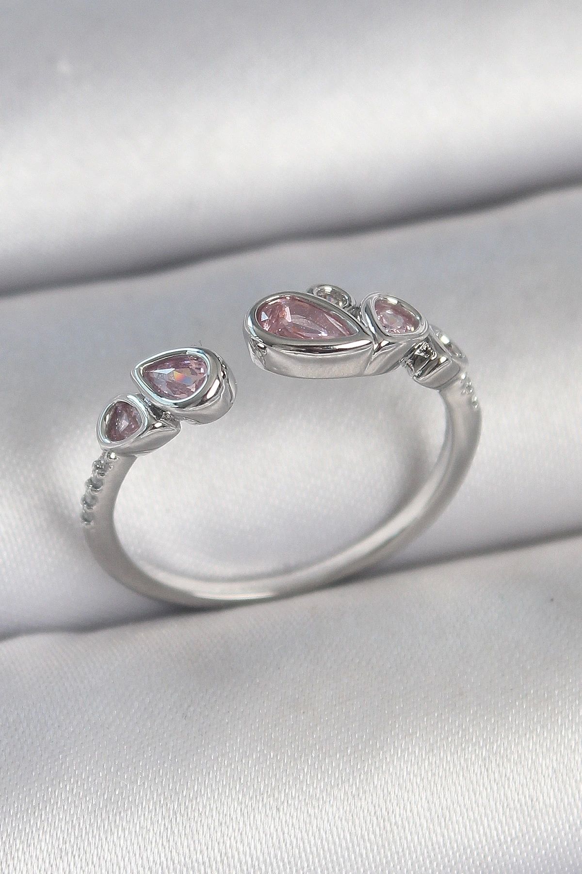 OurStyles Pirinç Gümüş Renk Pembe Damla Zirkon Taşlı Ayarlanabilir Model Kadın Yüzük - TJ-BYK3734