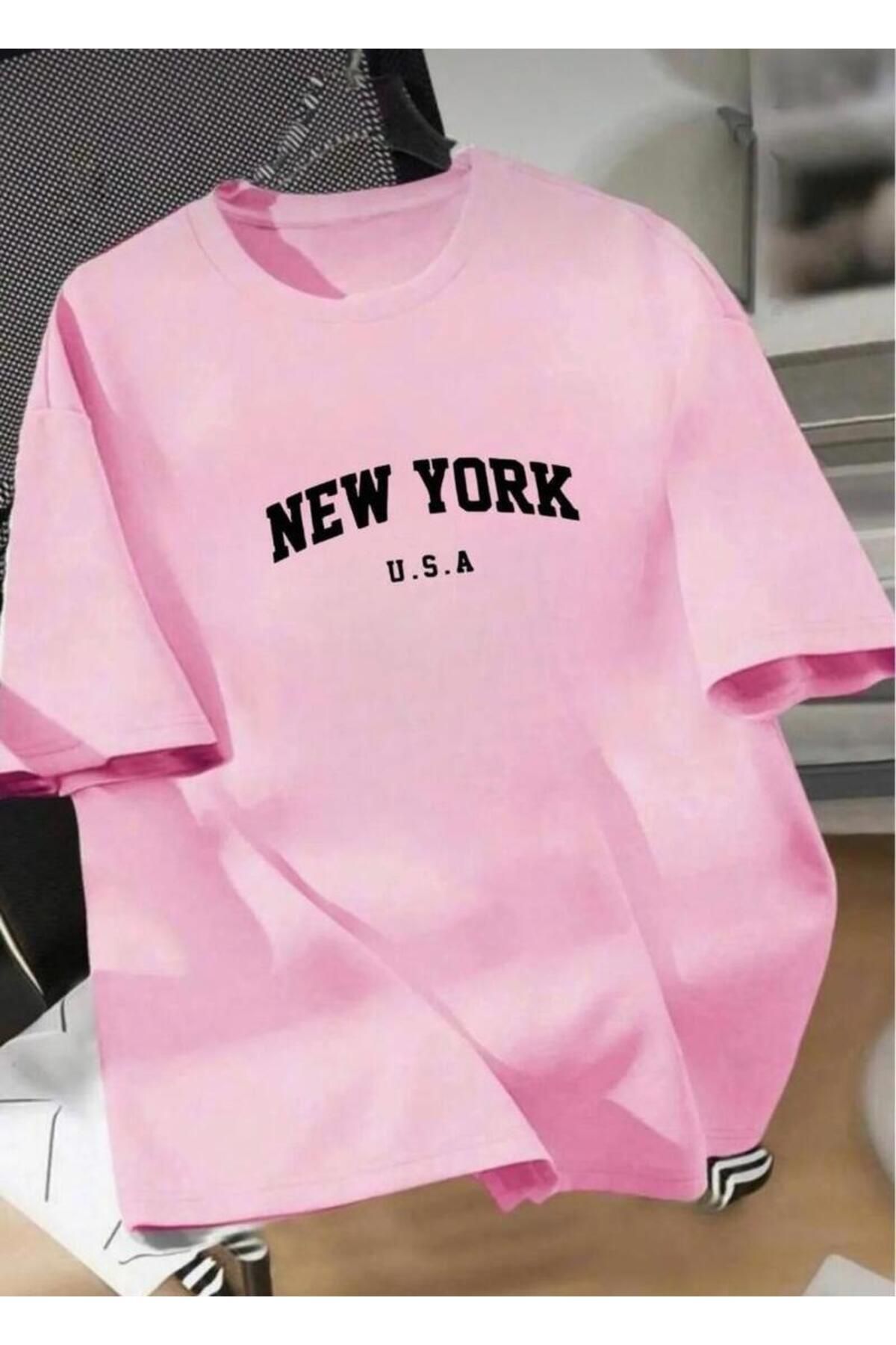 khufu Oversize Kalıp Pembe Renkli NEW YORK u.S.a Baskılı Rahat Kesim T-shirt Ünisex