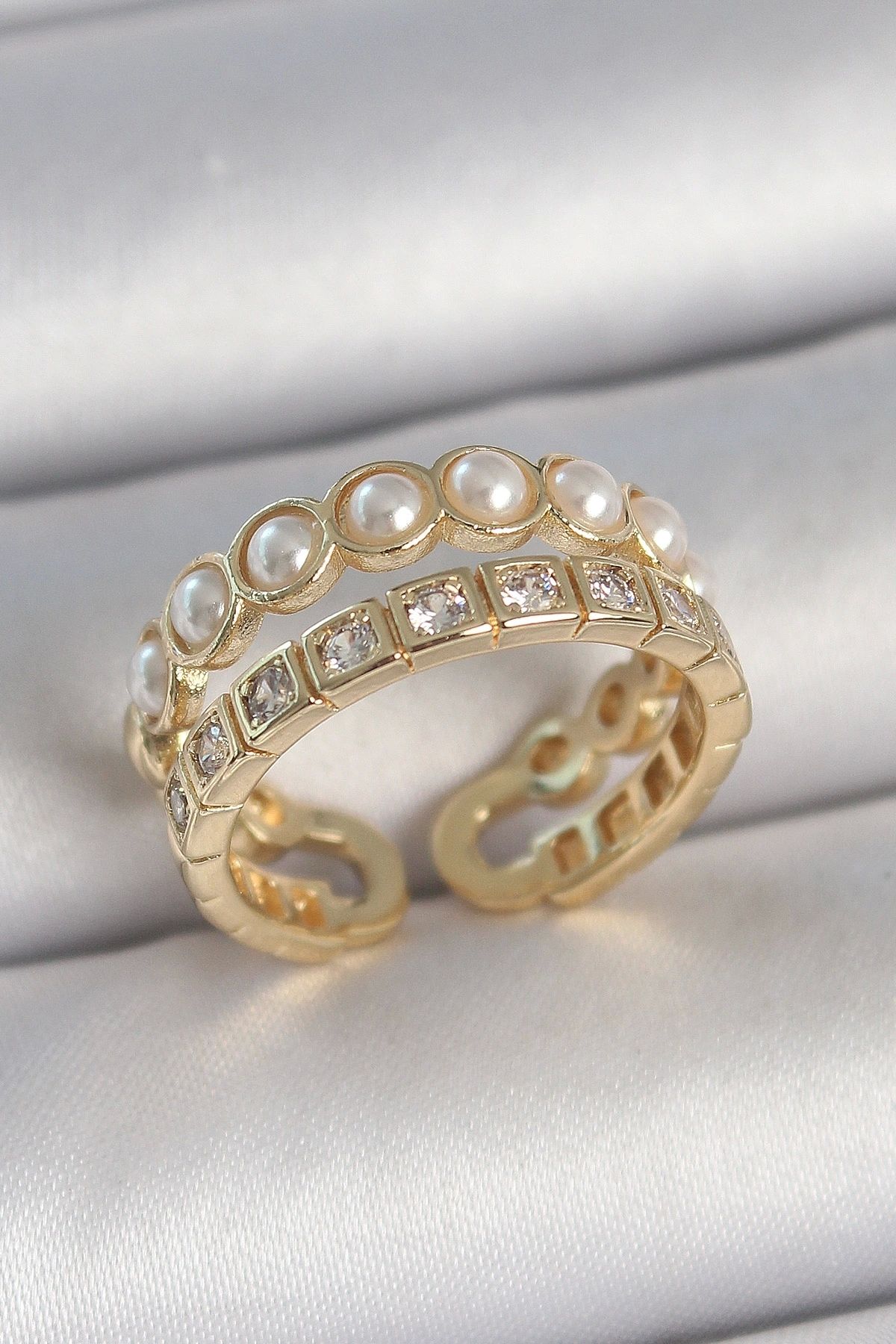 OurStyles Pirinç Gold Renk 2'Li Zirkon Taşlı Ve İncili Ayarlanabilir Kadın Yüzük - TJ-BYK3721