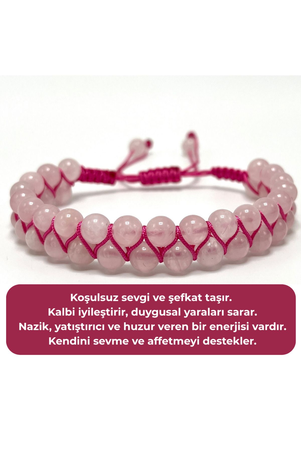 YILDIZ DOĞAL TAŞ SERTİFİKALI Pembe Kuvars Çift Sıra Doğal Taş Makrome Bileklik Ayarlanabilir Ölçü